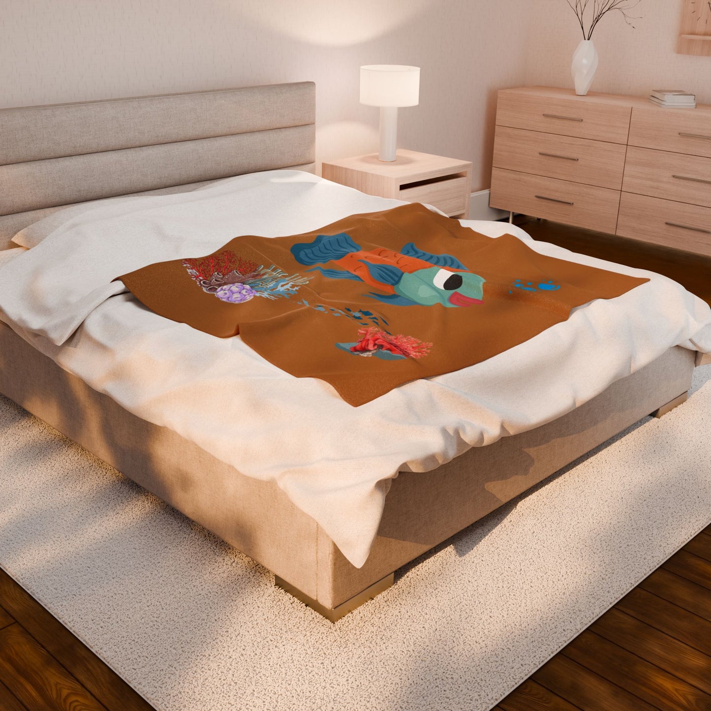 Orange and blue fish with coral and bubble Velveteen Plush Blanket