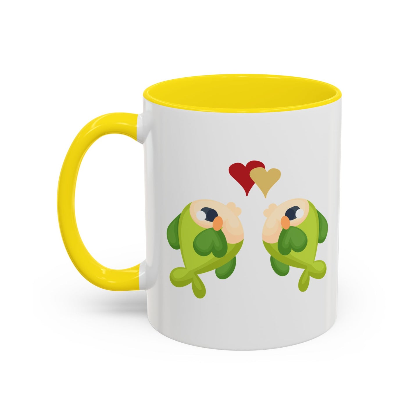 Two hearts float between the fish one red and one yellow. Coffee Mug