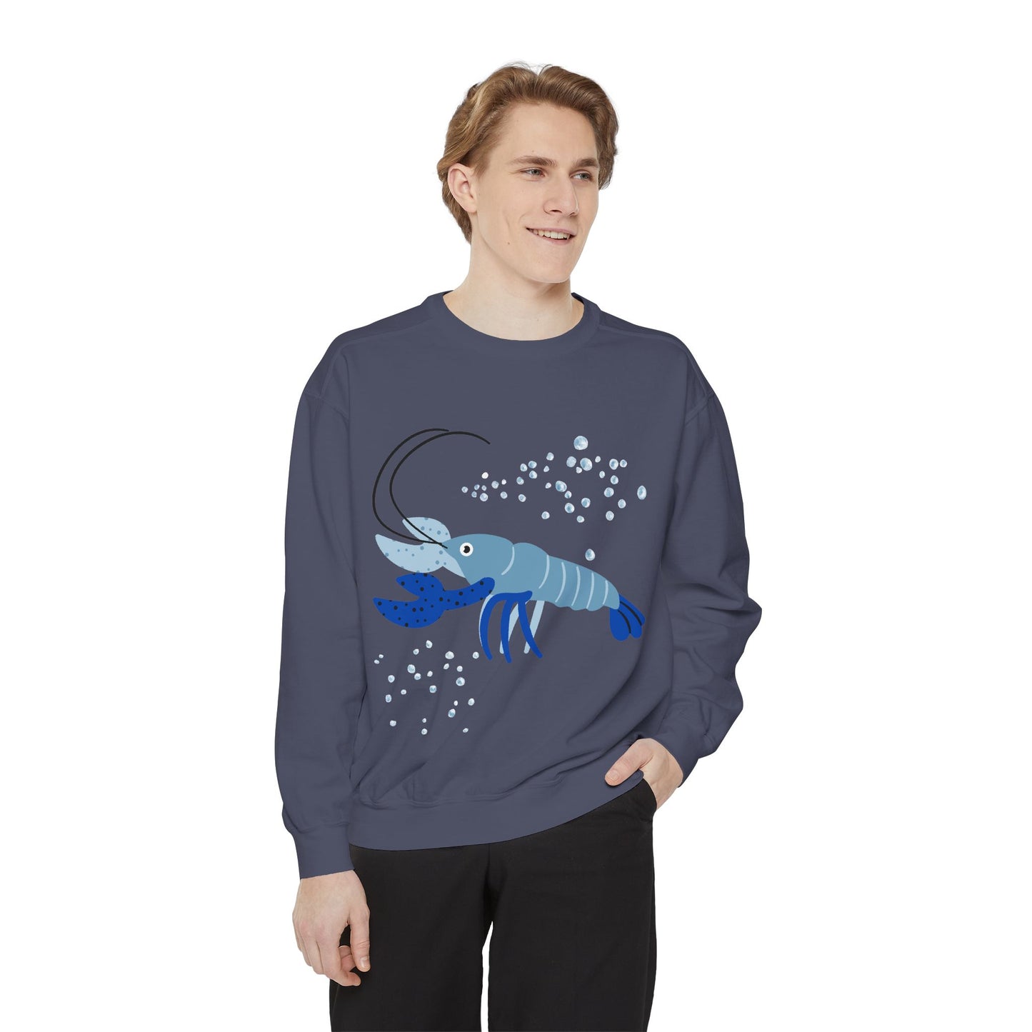 Blue shrimp with dark blue claws and bubbles Unisex Garment-Dyed Sweatshirt