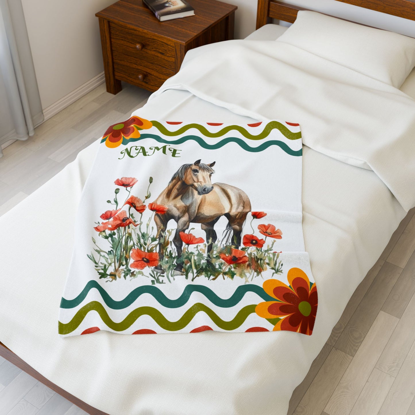 Personalized Horse and Floral Velveteen Plush Blanket, Cozy Throw Blanket, Gift for Horse Lovers, Home Decor, Custom Blanket