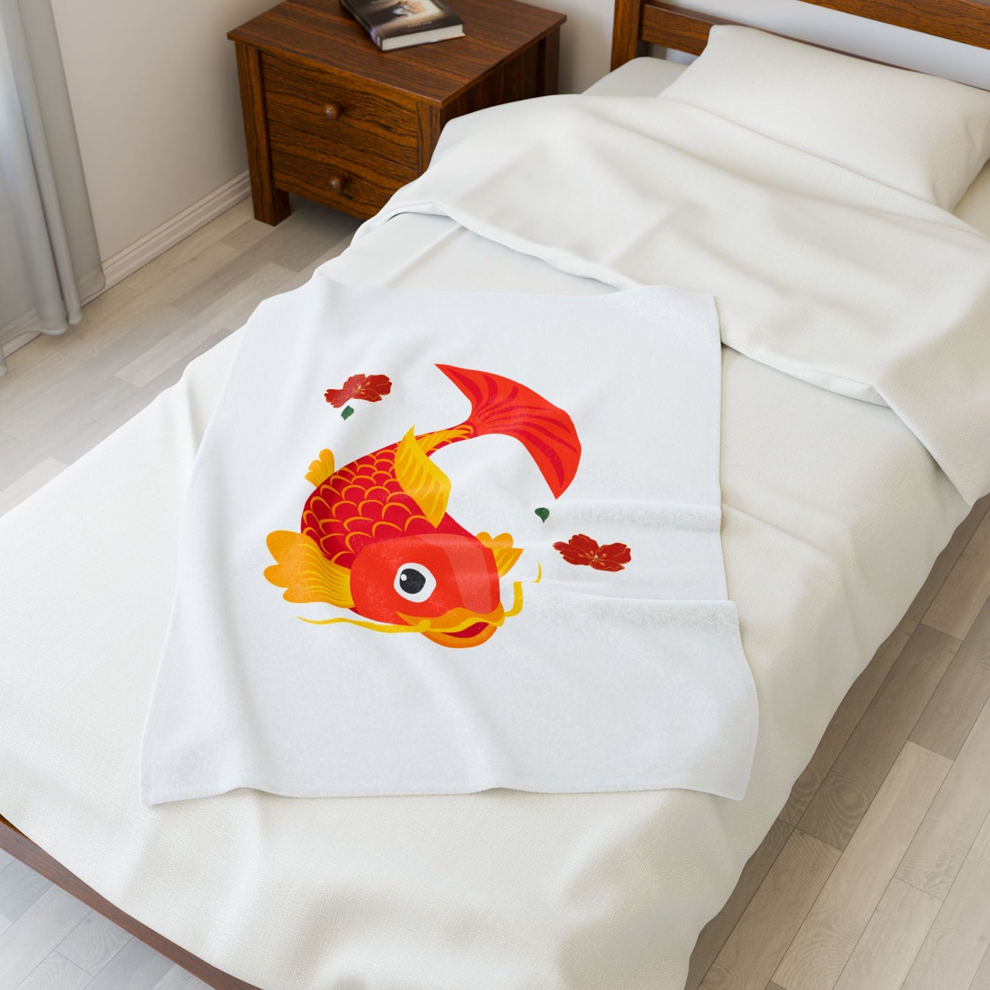 Goldfish with flowing fins and red blossoms Velveteen Plush Blanket