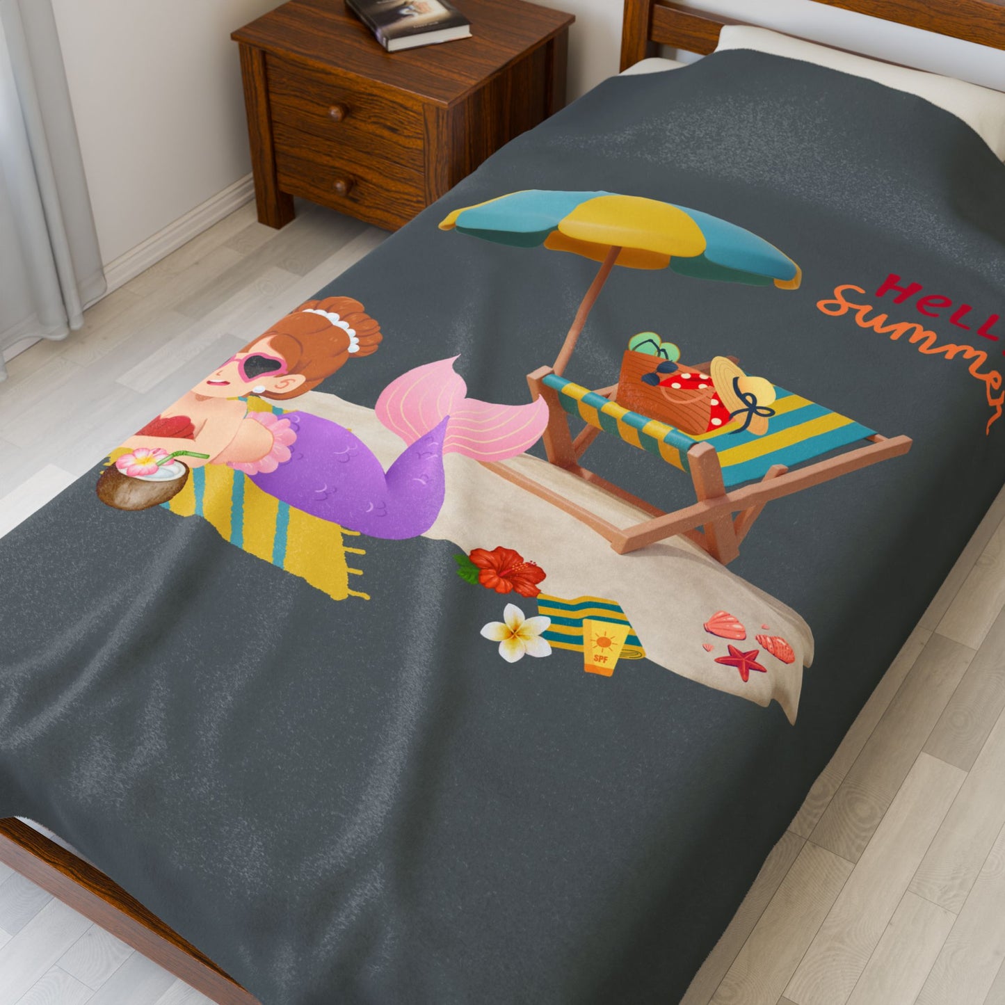 Mermaid lounging on a beach towel Velveteen Plush Blanket