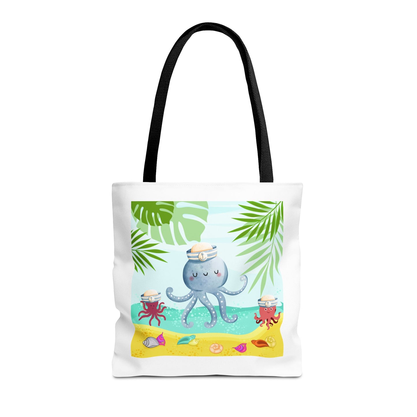 Octopus on a beach scene with tropical Tote Bag