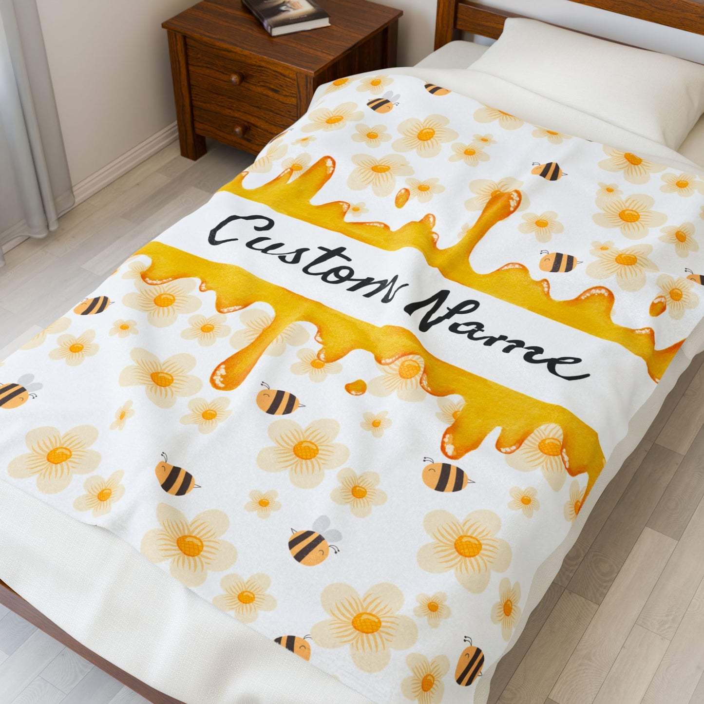 Personalized Velveteen Plush Blanket, Cozy Gift, Custom Name Throw, Bee and Flower Decor, Soft Home Accents