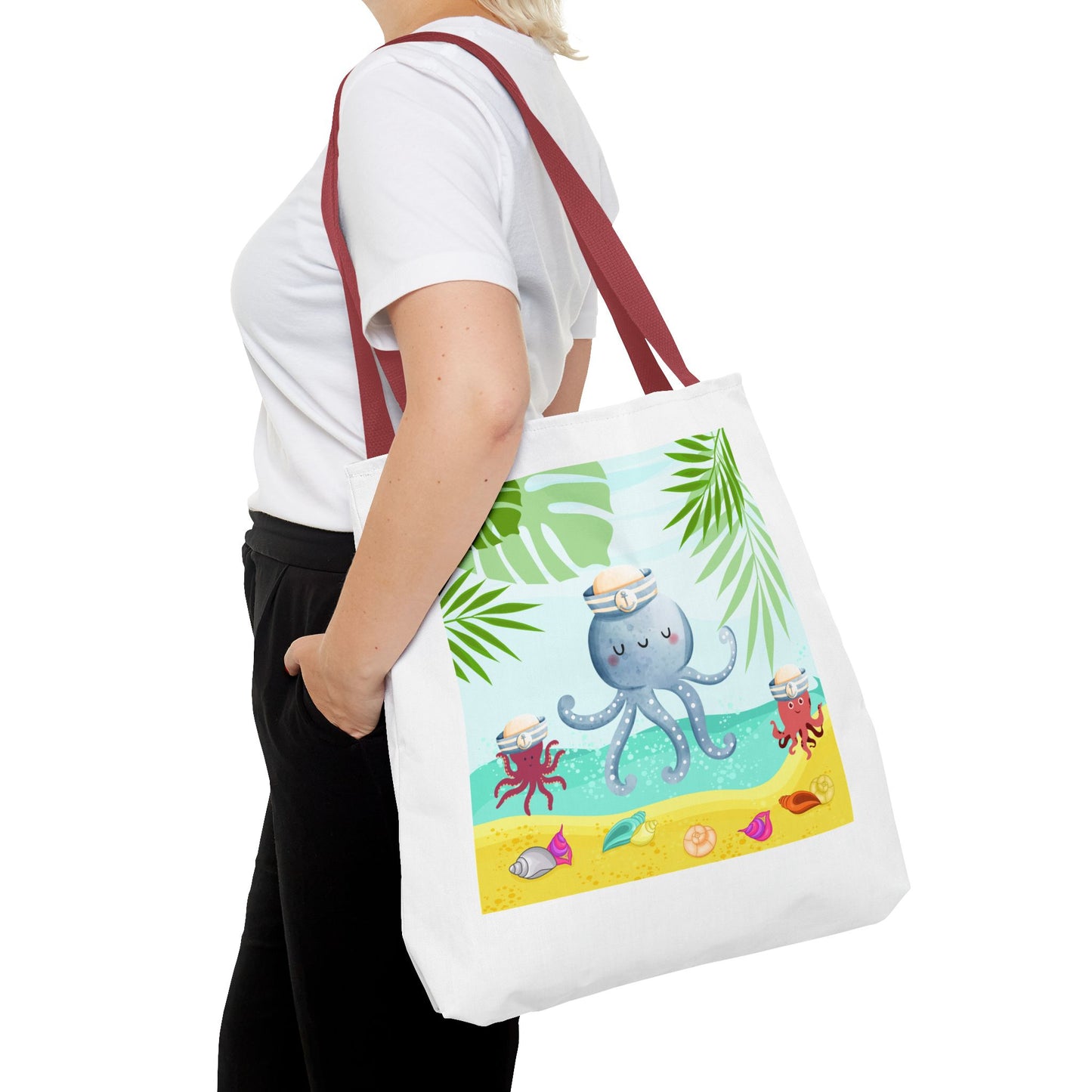 Octopus on a beach scene with tropical Tote Bag