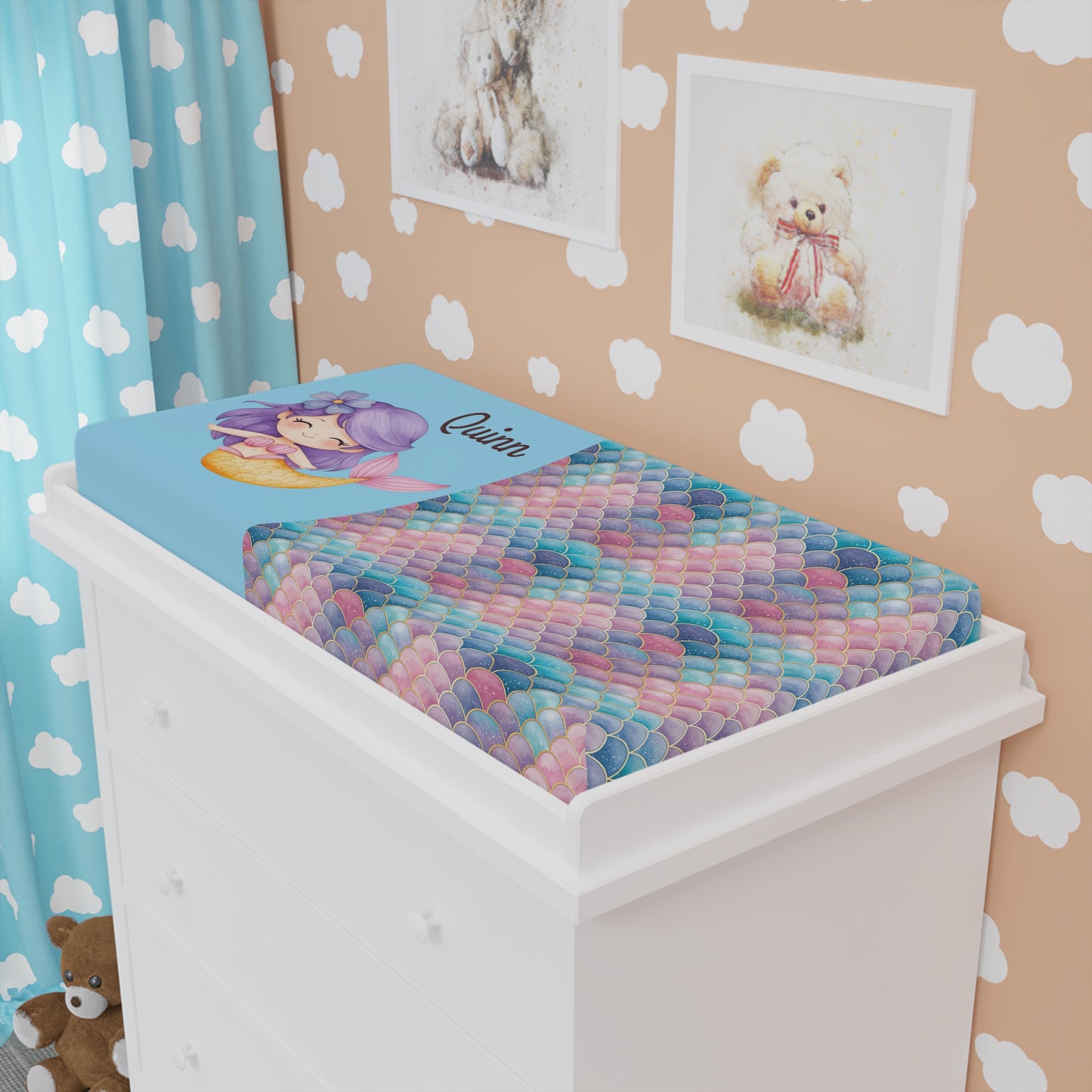 Personalized Mermaid Baby Changing Pad Cover — Pastel Scales, Name Customizable