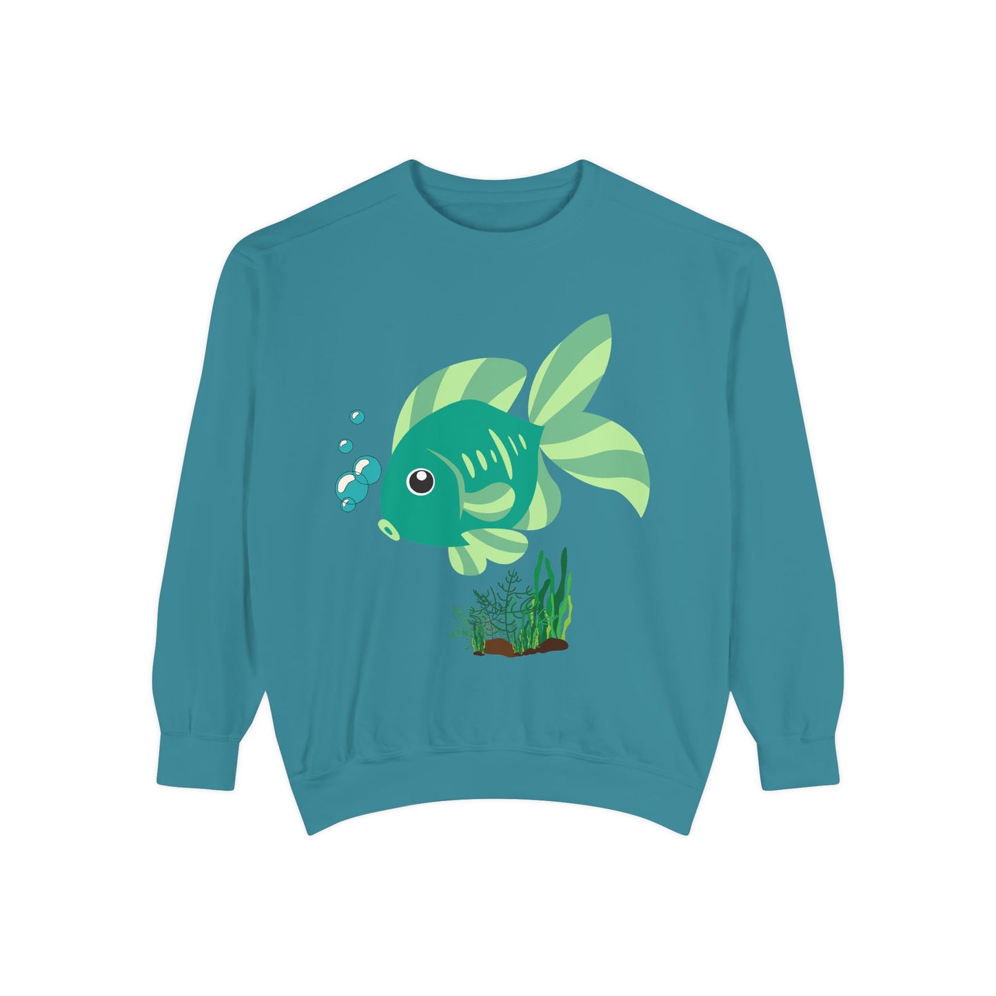 Green fish with bubbles and aquatic plants Unisex Garment-Dyed Sweatshirt