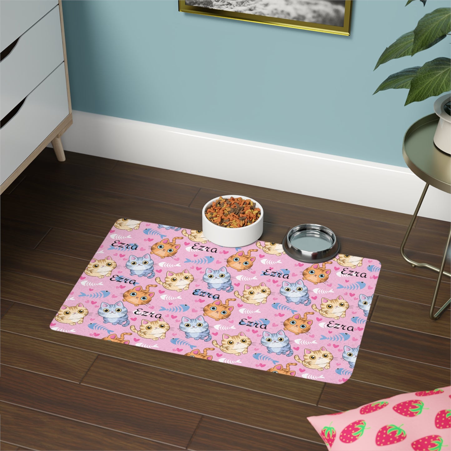 Personalized Cat Pattern Pet Food Mat (12x18) — Pink Kitty Name Placemat