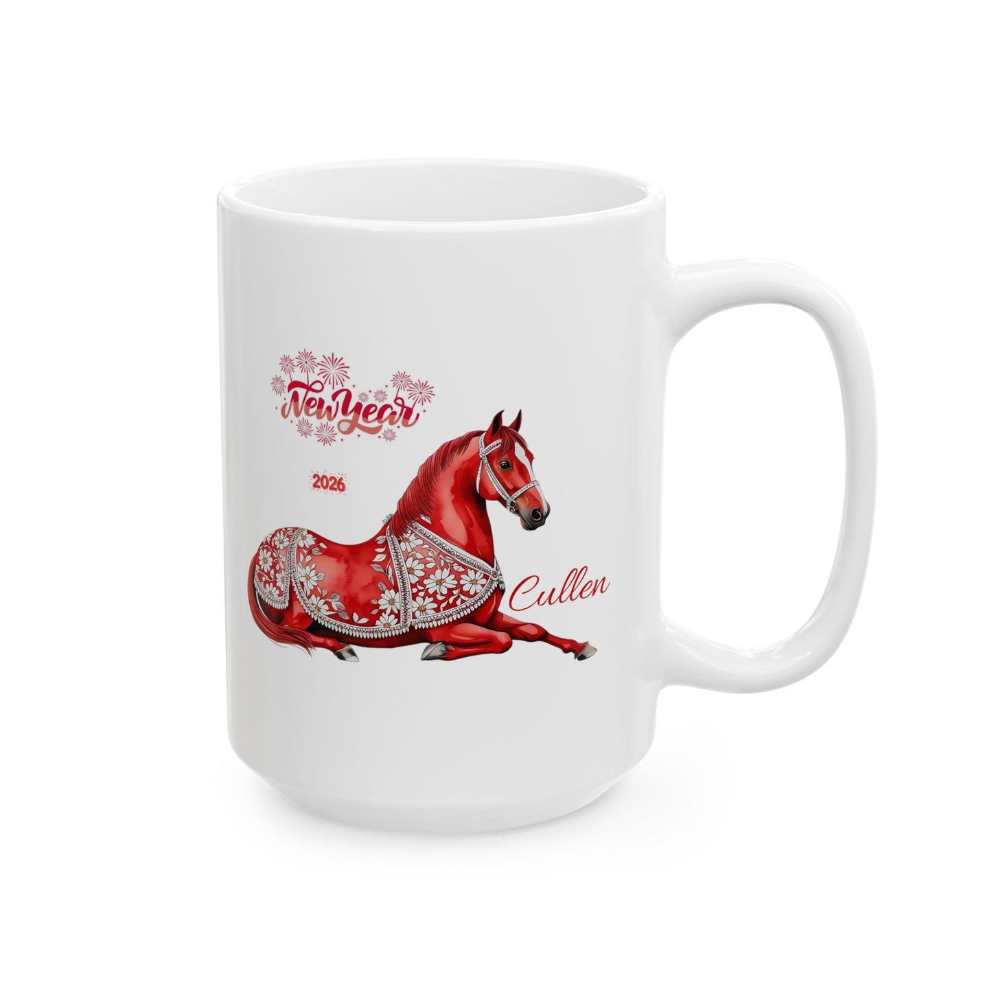 Personalized Red Horse Ceramic Mug — Floral Horse Illustration, Custom Name Option (11oz & 15oz)