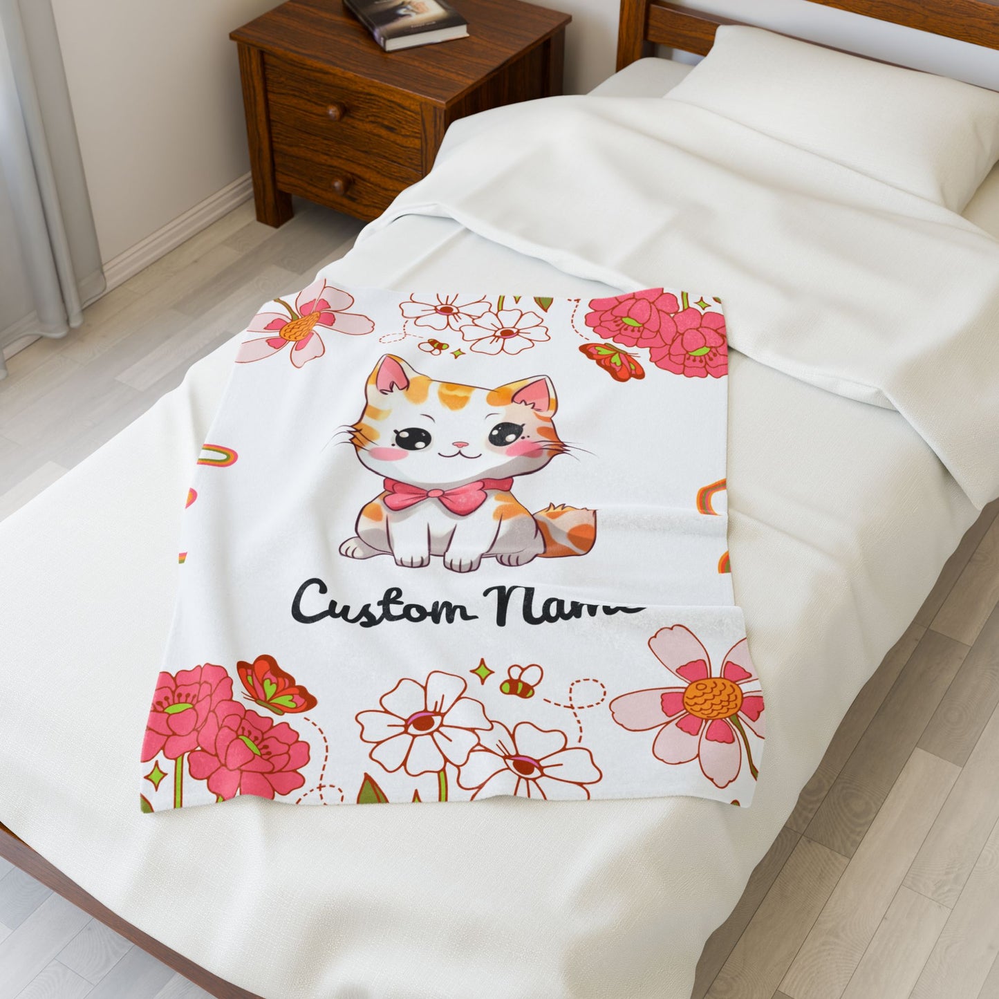 Custom Cat Plush Blanket, Personalized Velveteen Blanket for Kids, Cozy Cat Themed Gift, Baby Shower Blanket, Floral Comfort Throw