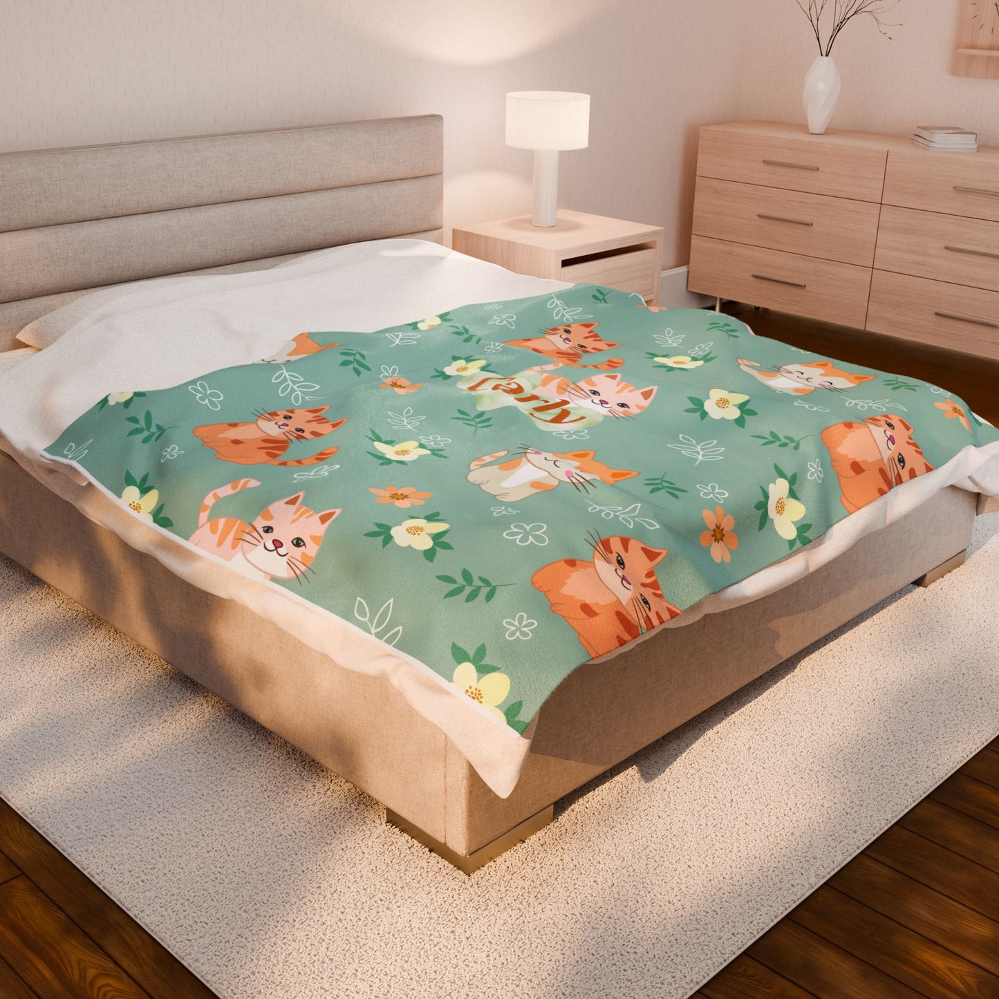 Personalized Cat Plush Blanket, Cozy Throw for Cat Lovers, Gift for Kids, Custom Name Blanket, Cat Lover Home Decor, Cute Floral Blanket