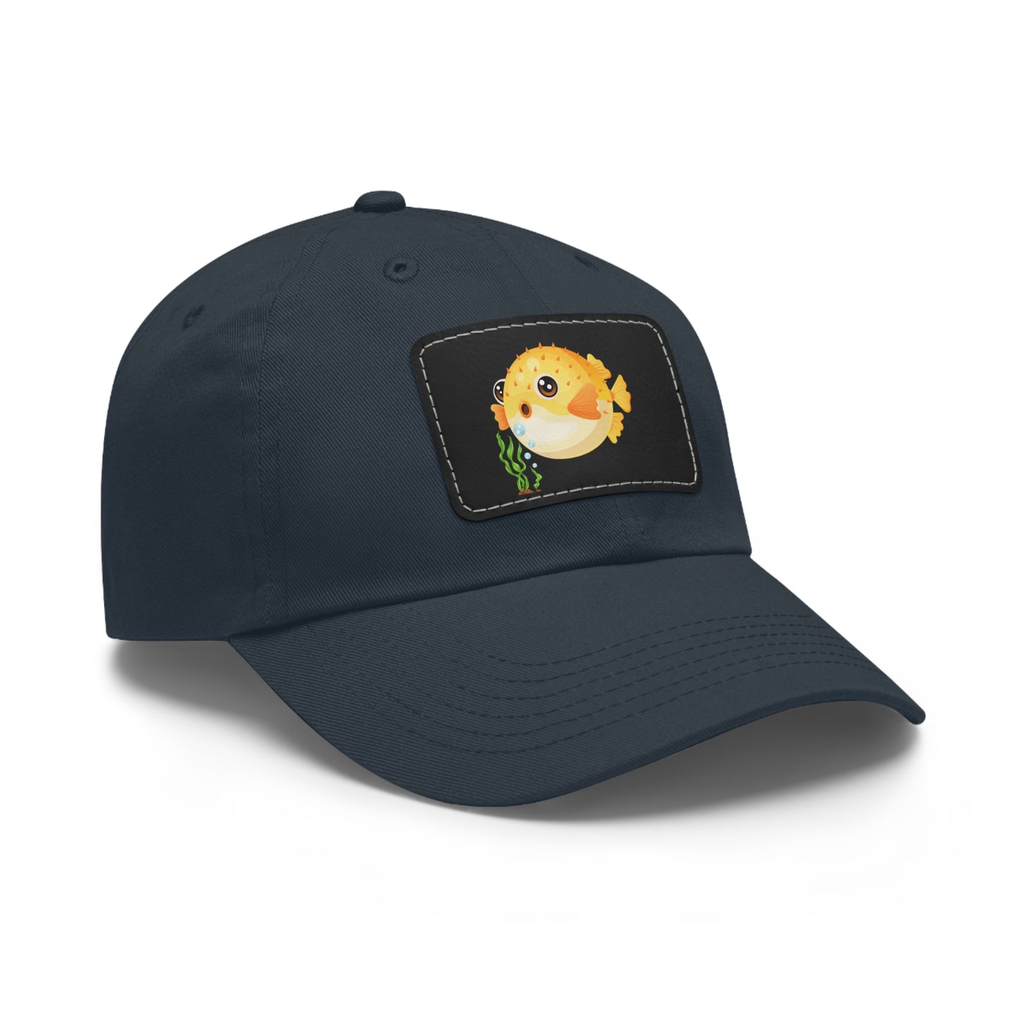 Cartoon Pufferfish with seaweed Dad Hat with Leather Patch (Rectangle)