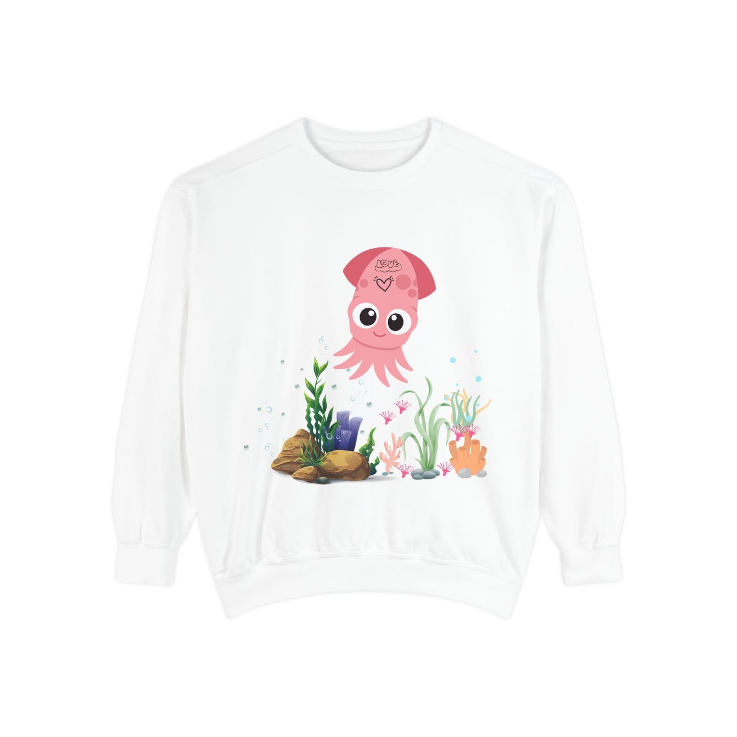 Pink squid cartoon with love Unisex Garment-Dyed Sweatshirt