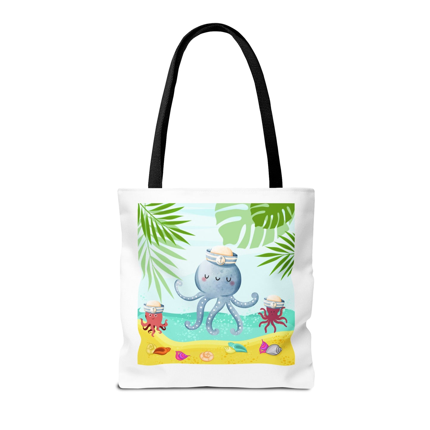 Octopus on a beach scene with tropical Tote Bag