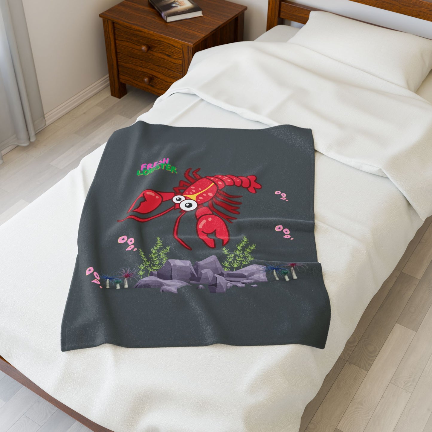 Friendly red lobster big eyes and yellow strip Velveteen Plush Blanket