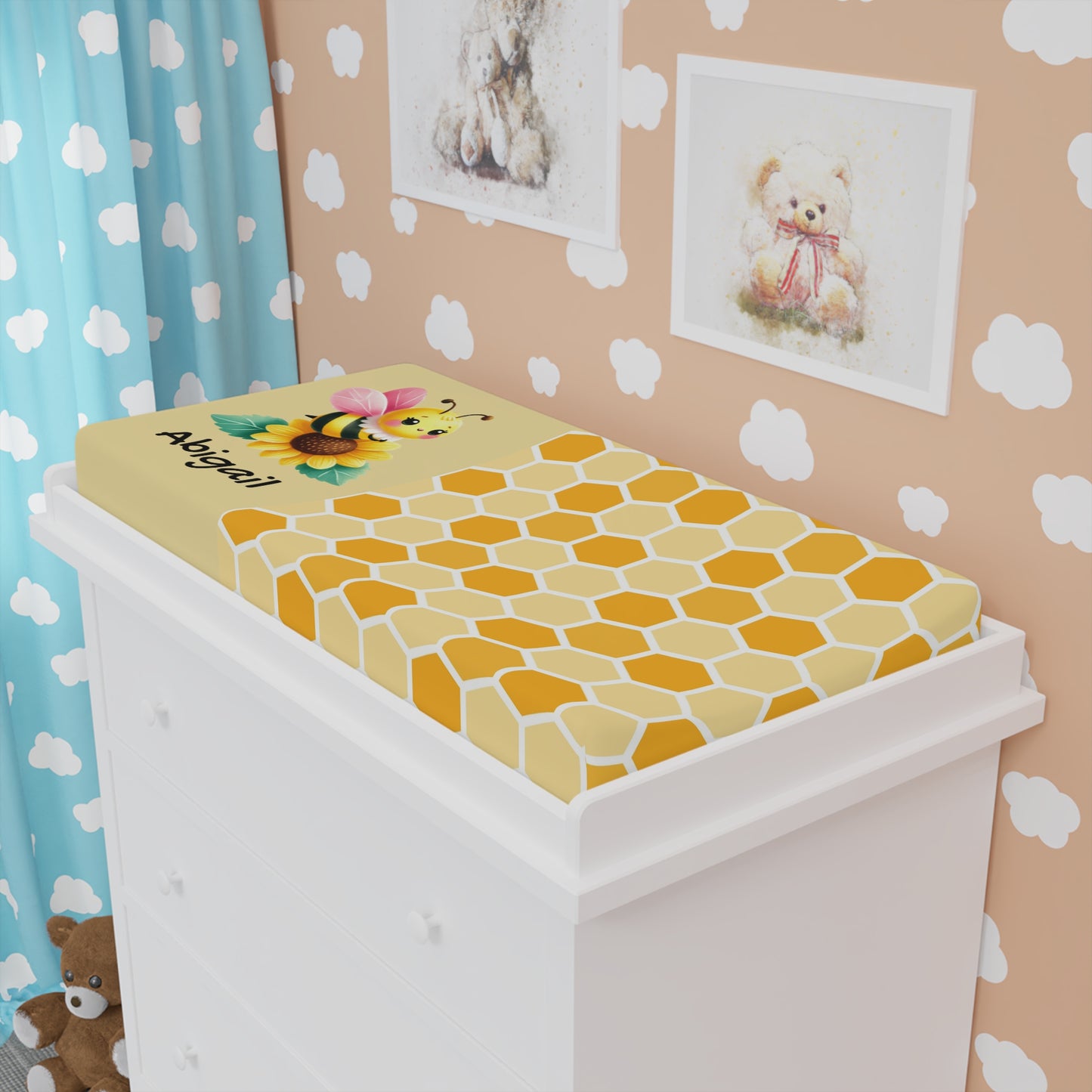 Bee Honeycomb Baby Changing Pad Cover — Personalized Name Option