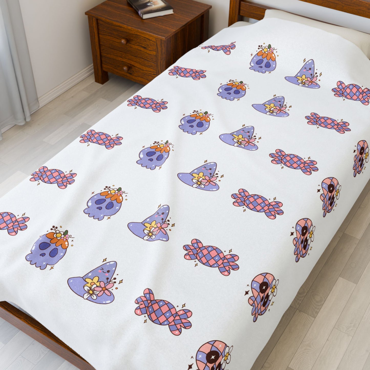Cozy Velveteen Plush Blanket - Fun Skull & Floral Pattern, Unique Home Decor, Great Gift for Halloween, Birthdays, or Cozy Nights