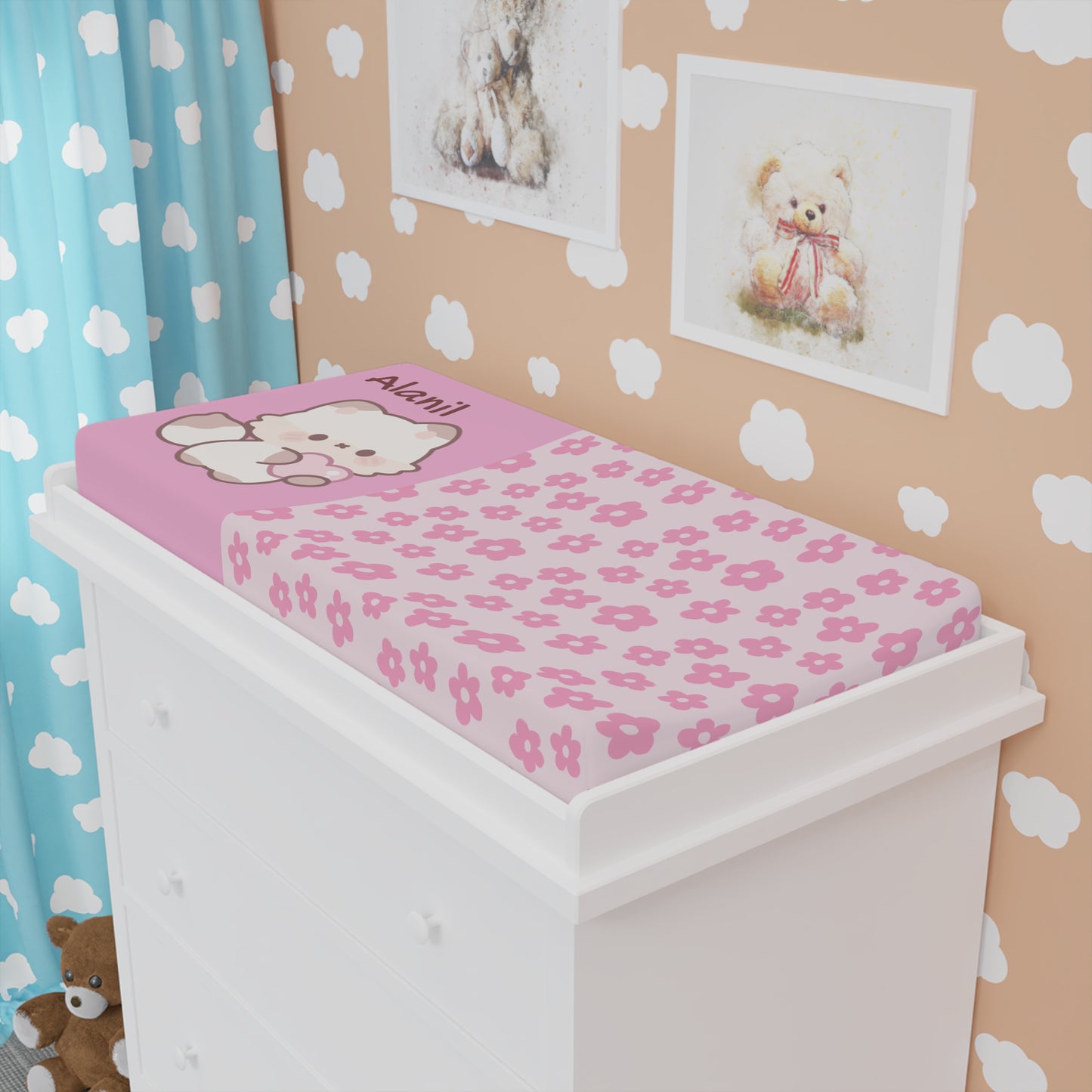 Personalized Pink Floral Baby Changing Pad Cover – Cute Kitten Name Design