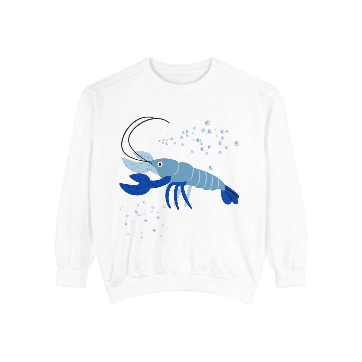 Blue shrimp with dark blue claws and bubbles Unisex Garment-Dyed Sweatshirt