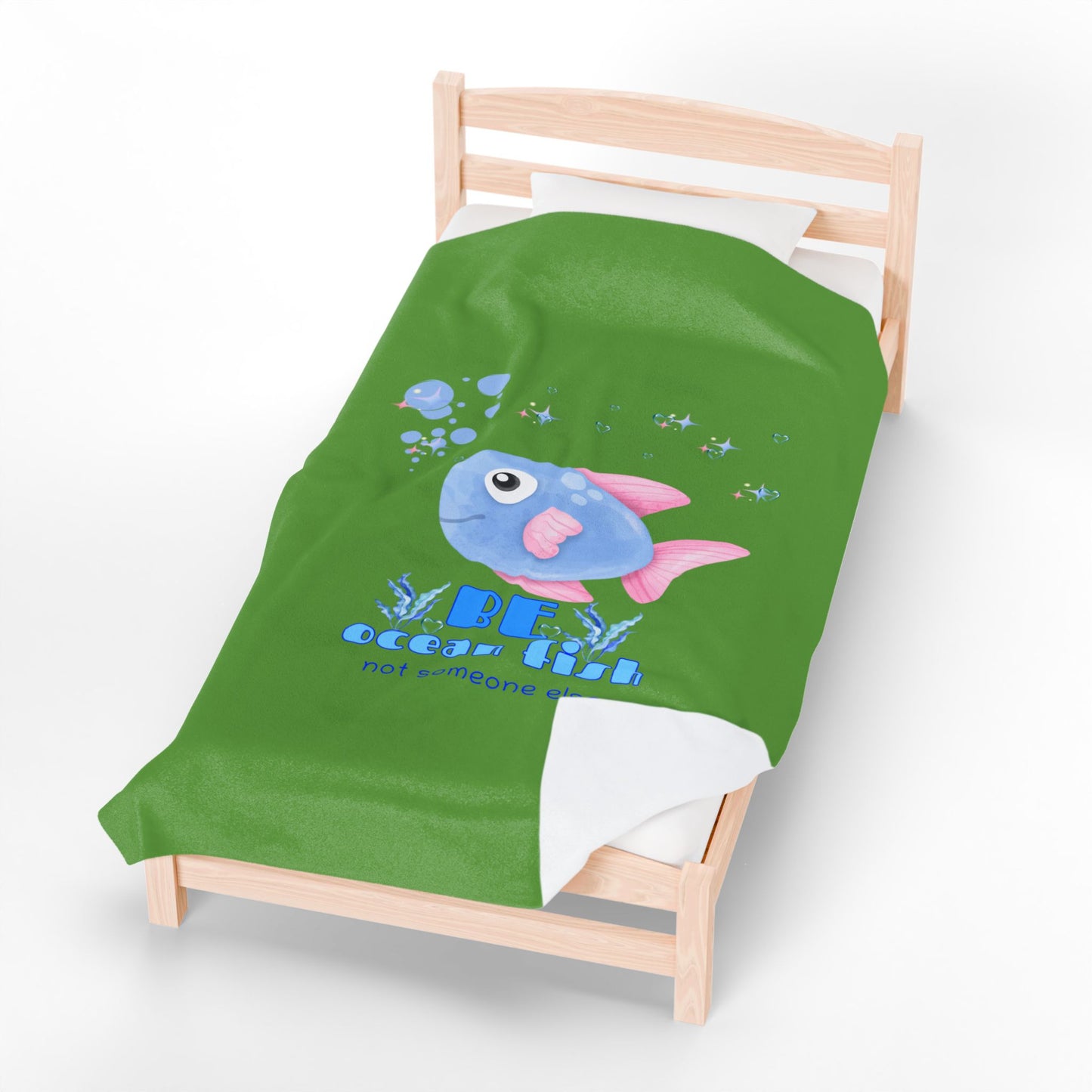 Cute cartoon fish with pink fins and bubble Velveteen Plush Blanket
