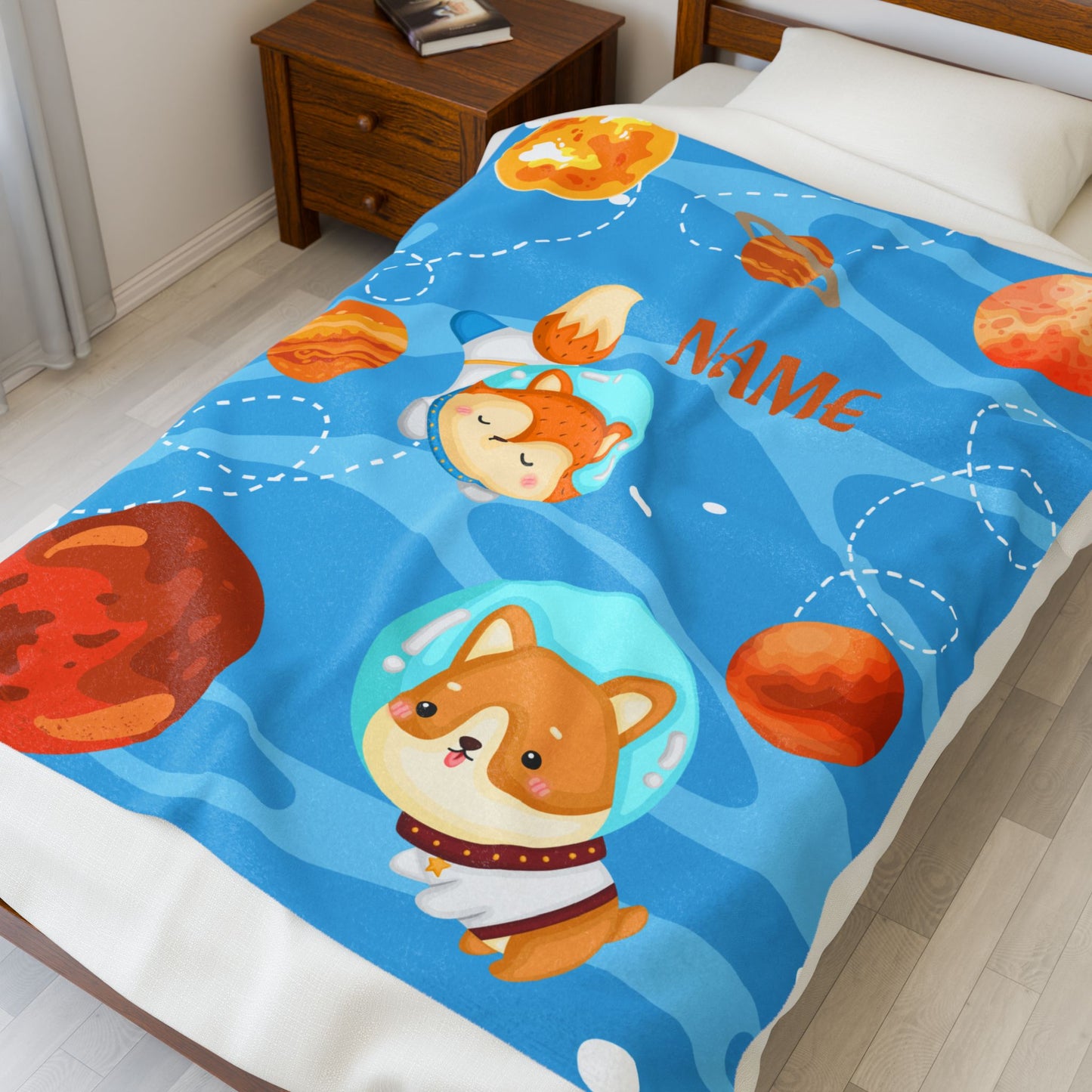 Cute Planetary Velveteen Plush Blanket | Personalized Gift | Kids Room Decor, Cozy Throw, Space Theme, Baby Shower, Birthday Gift