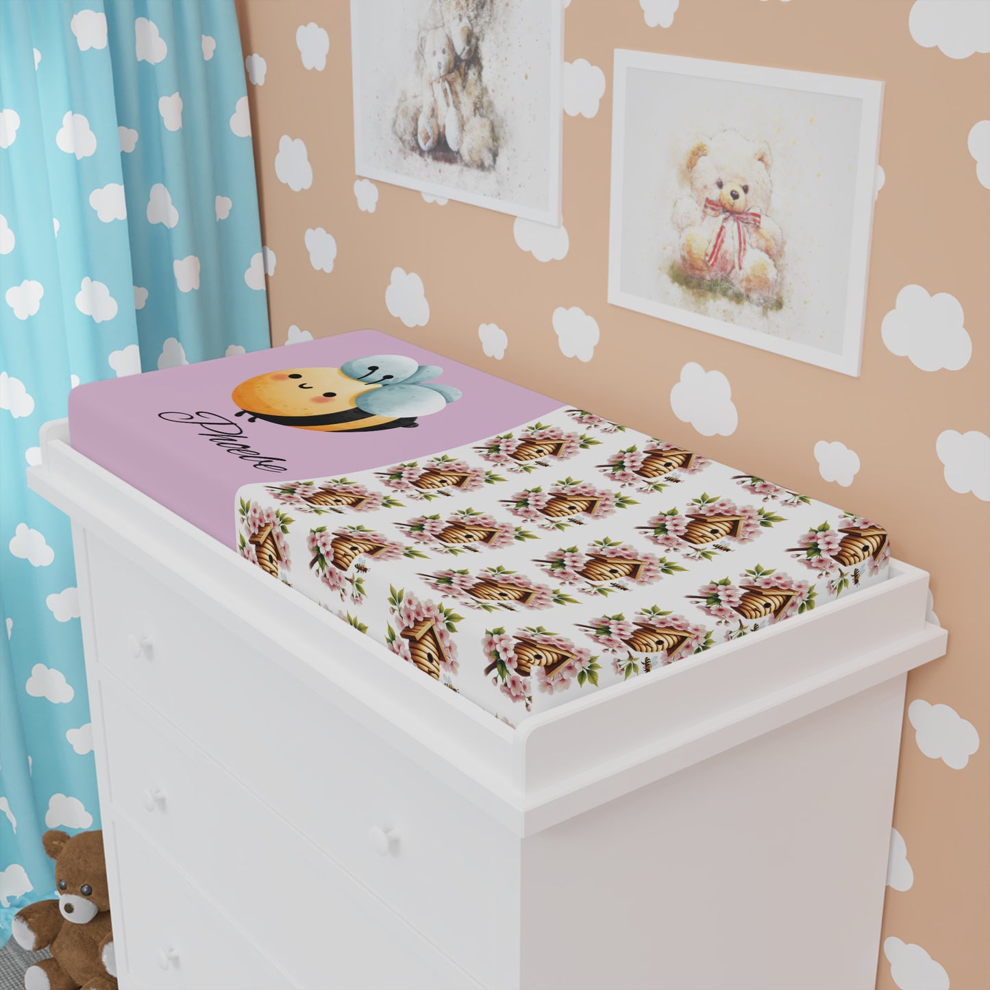 Bee & Birdhouse Baby Changing Pad Cover — Personalized Floral Nursery Accessory