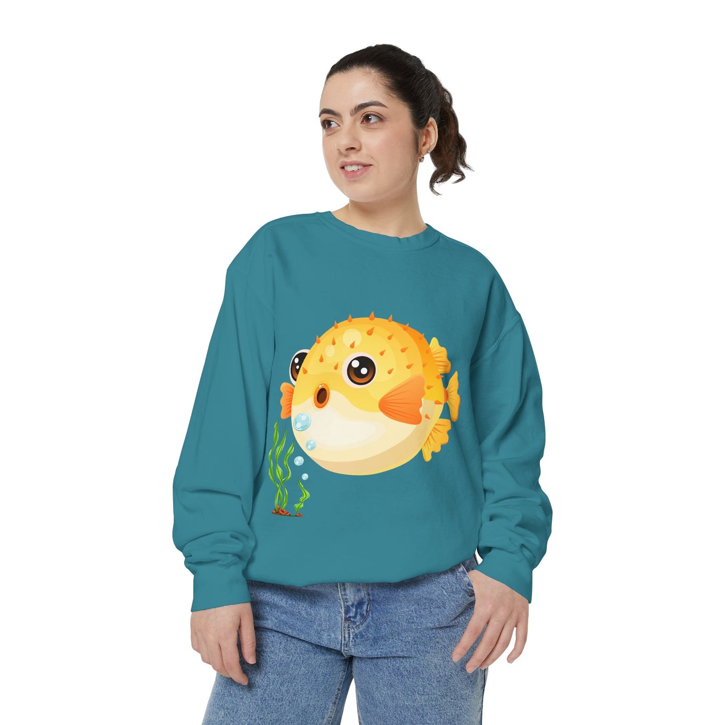 Cartoon Pufferfish with seaweed Unisex Garment-Dyed Sweatshirt