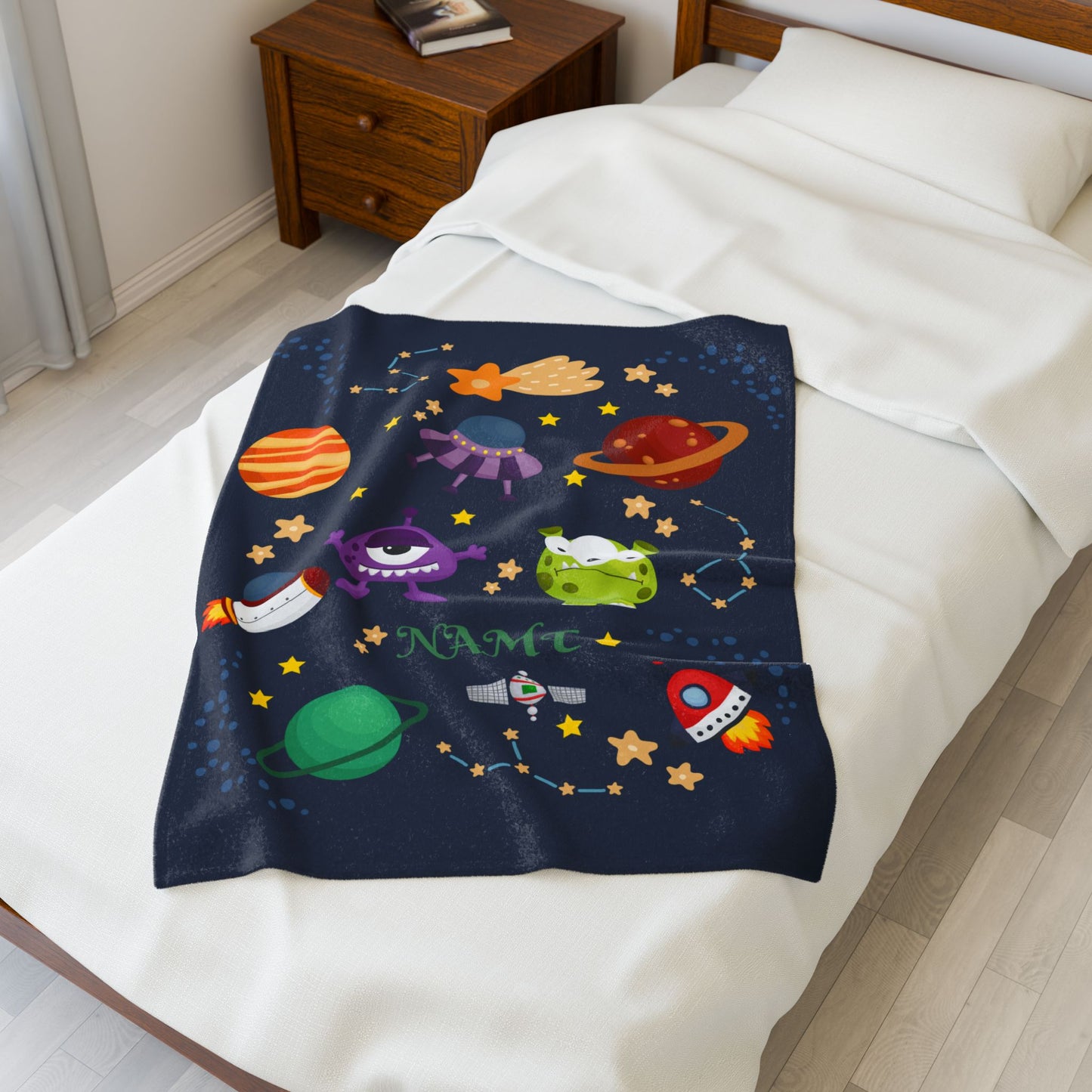 Cosmic Monsters Plush Blanket, Personalized Space Blanket, Kids Bedroom Decor, Gift for Space Lovers, Soft and Cozy Throw