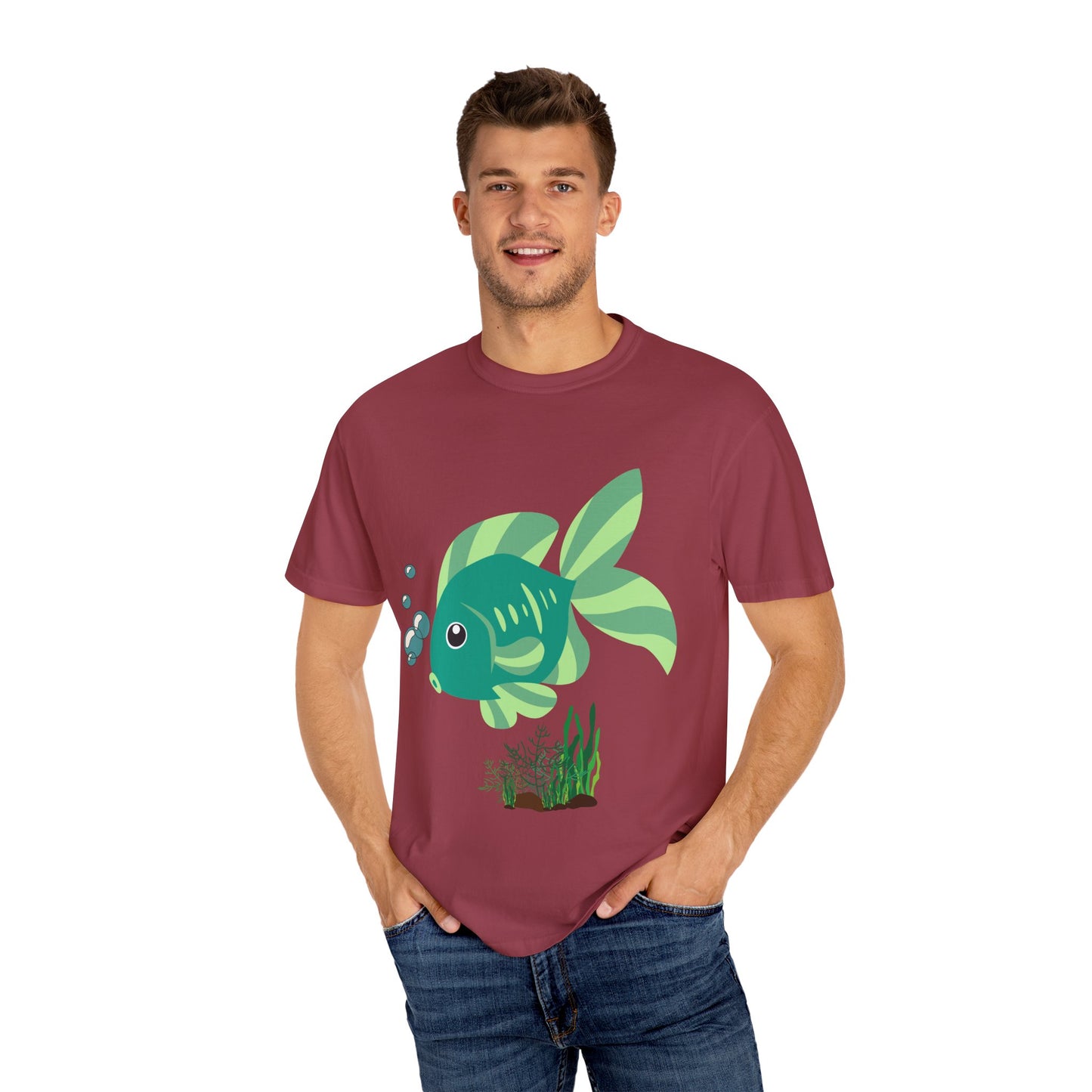 Green fish with bubbles and aquatic plants Unisex Garment-Dyed T-shirt