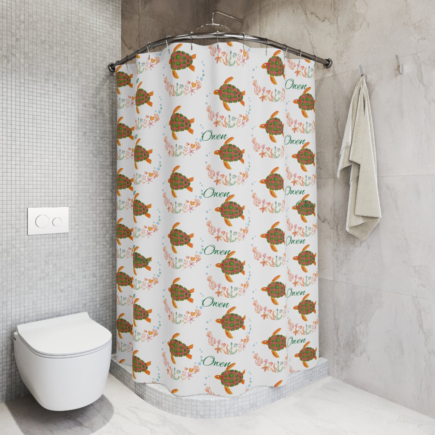 Sea Turtle Shower Curtain — Floral Ocean Pattern with "Owen" Name
