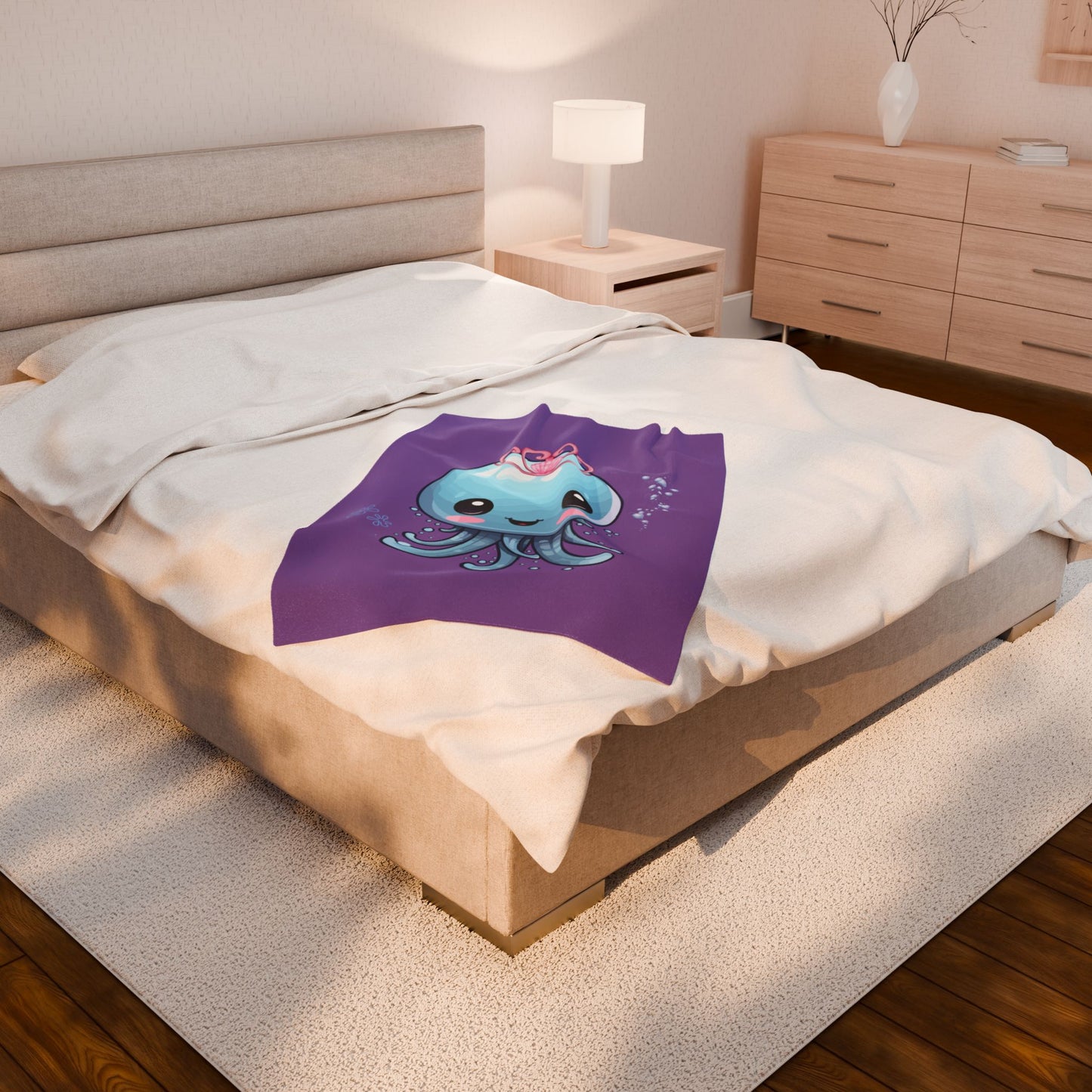 Blue jellyfish with a pink tiara Velveteen Plush Blanket