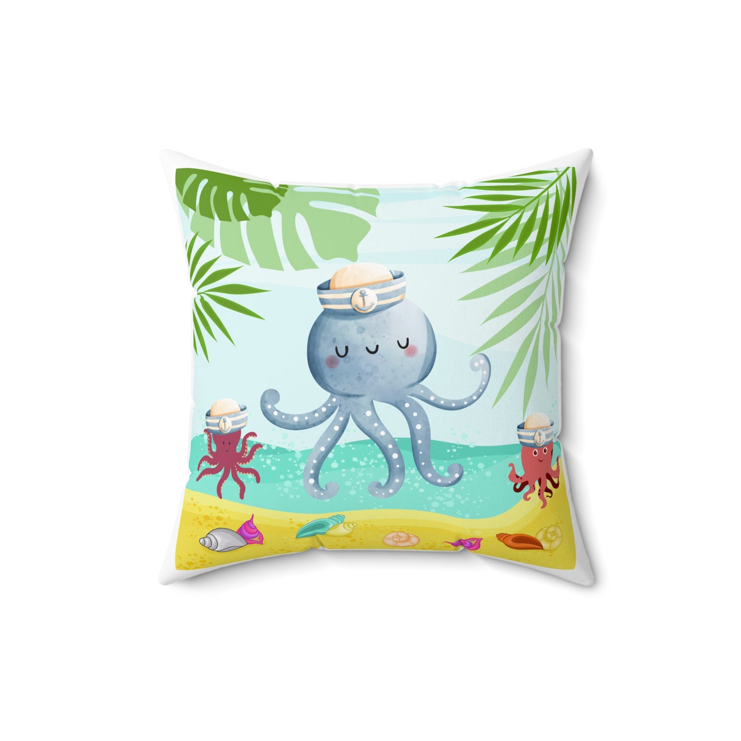 Octopus on a beach scene with tropical Spun Polyester Square Pillow