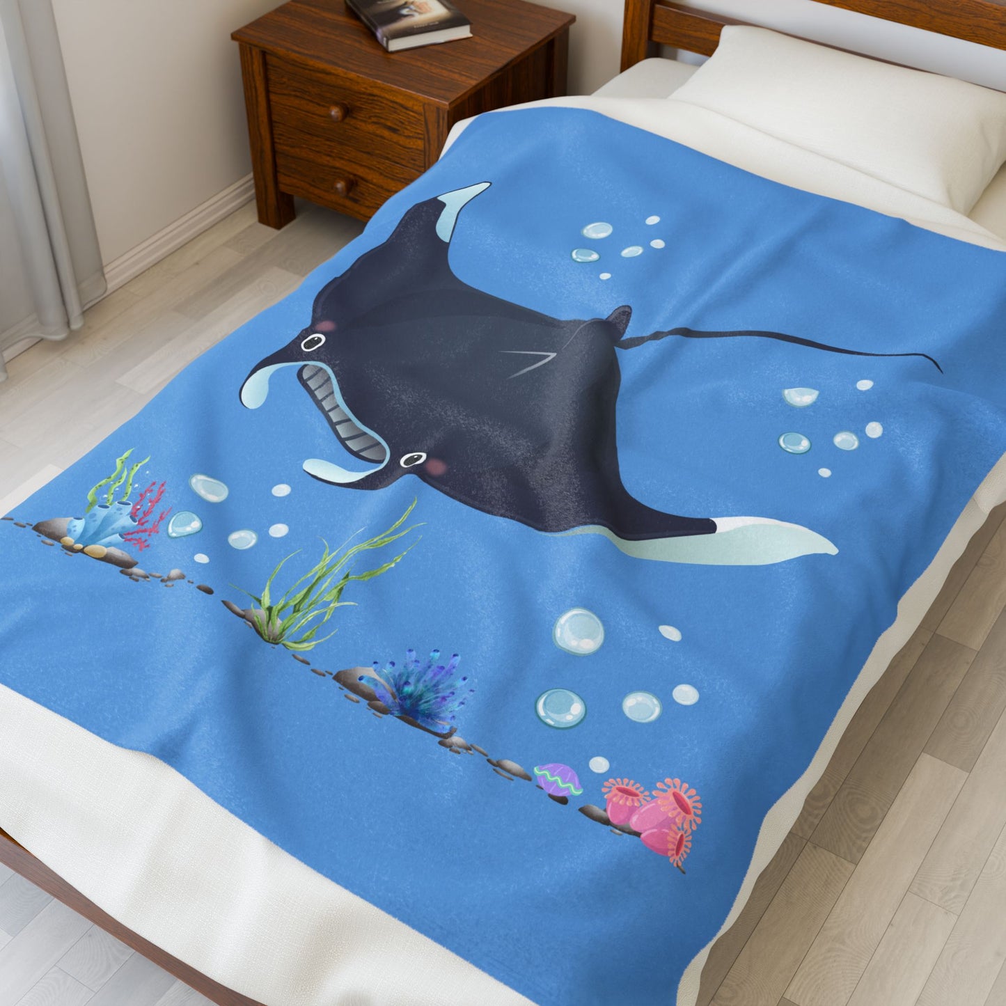 Manta ray with bubbles and coral reef Velveteen Plush Blanket
