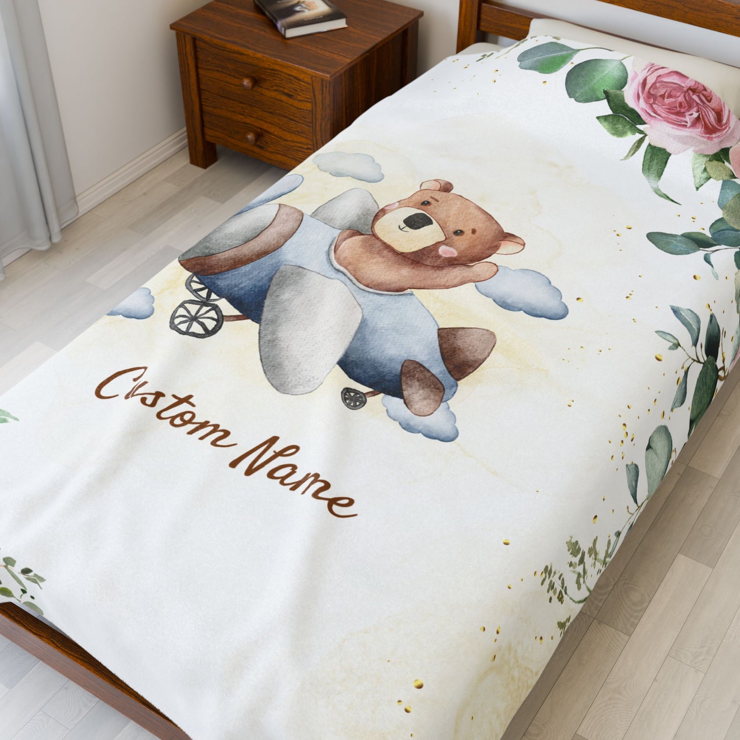 Personalized Velveteen Plush Blanket with Custom Name, Kids Blanket, Nursery Decor, Baby Shower Gift, Floral Bear Design