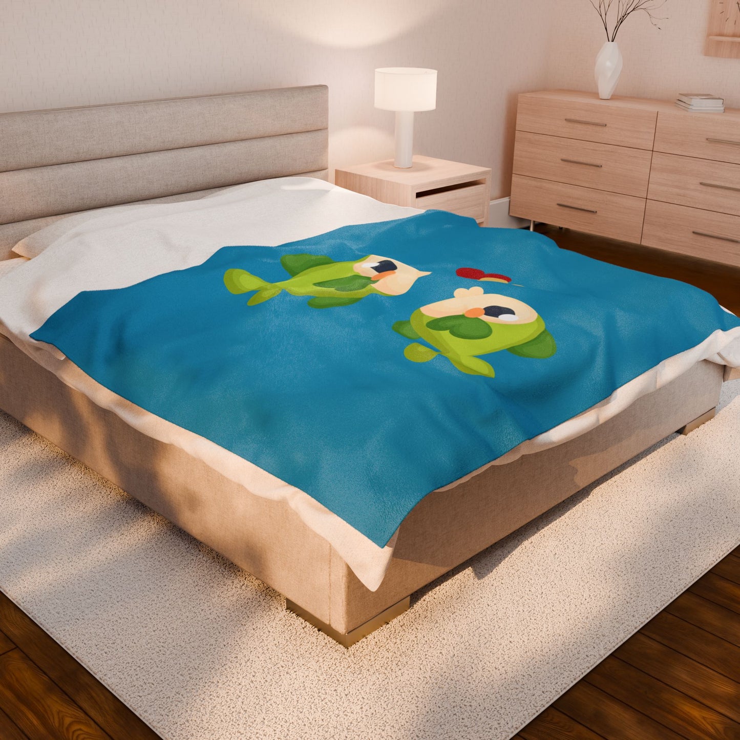 Two hearts float between the fish one red and one yellow Velveteen Plush Blanket