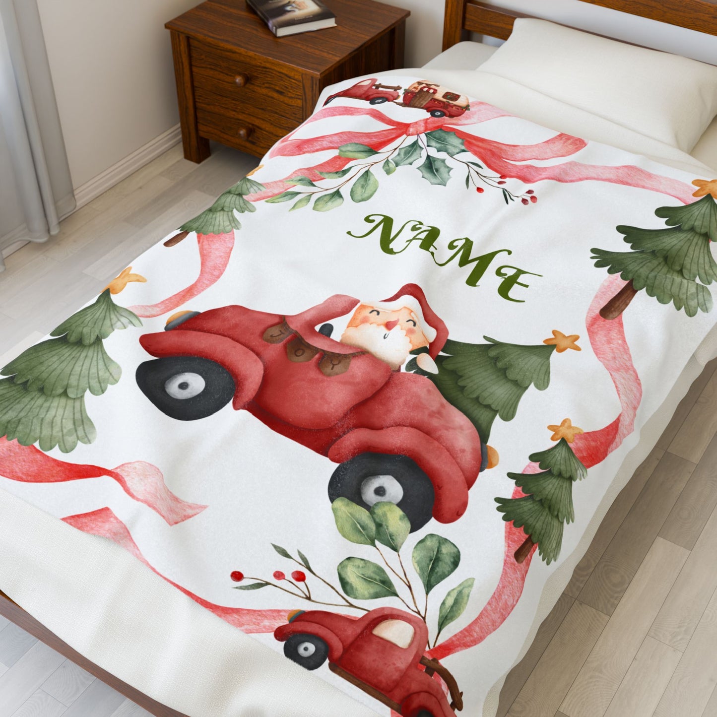 Cozy Holiday Velveteen Plush Blanket, Personalized Christmas Blanket, Santa Car Throw, Winter Gifts, Festive Home Decor