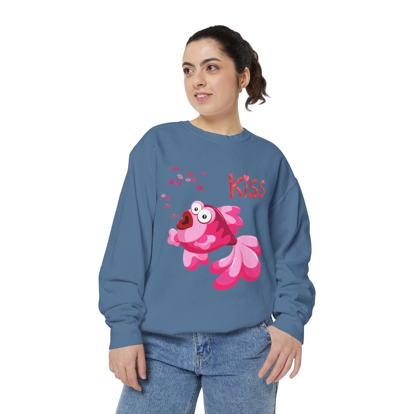 Pink fish with open mouth and kiss Unisex Garment-Dyed Sweatshirt