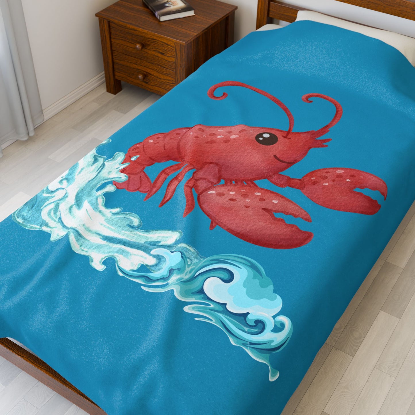 Cheerful red lobster emerging from stylized blue waves Velveteen Plush Blanket