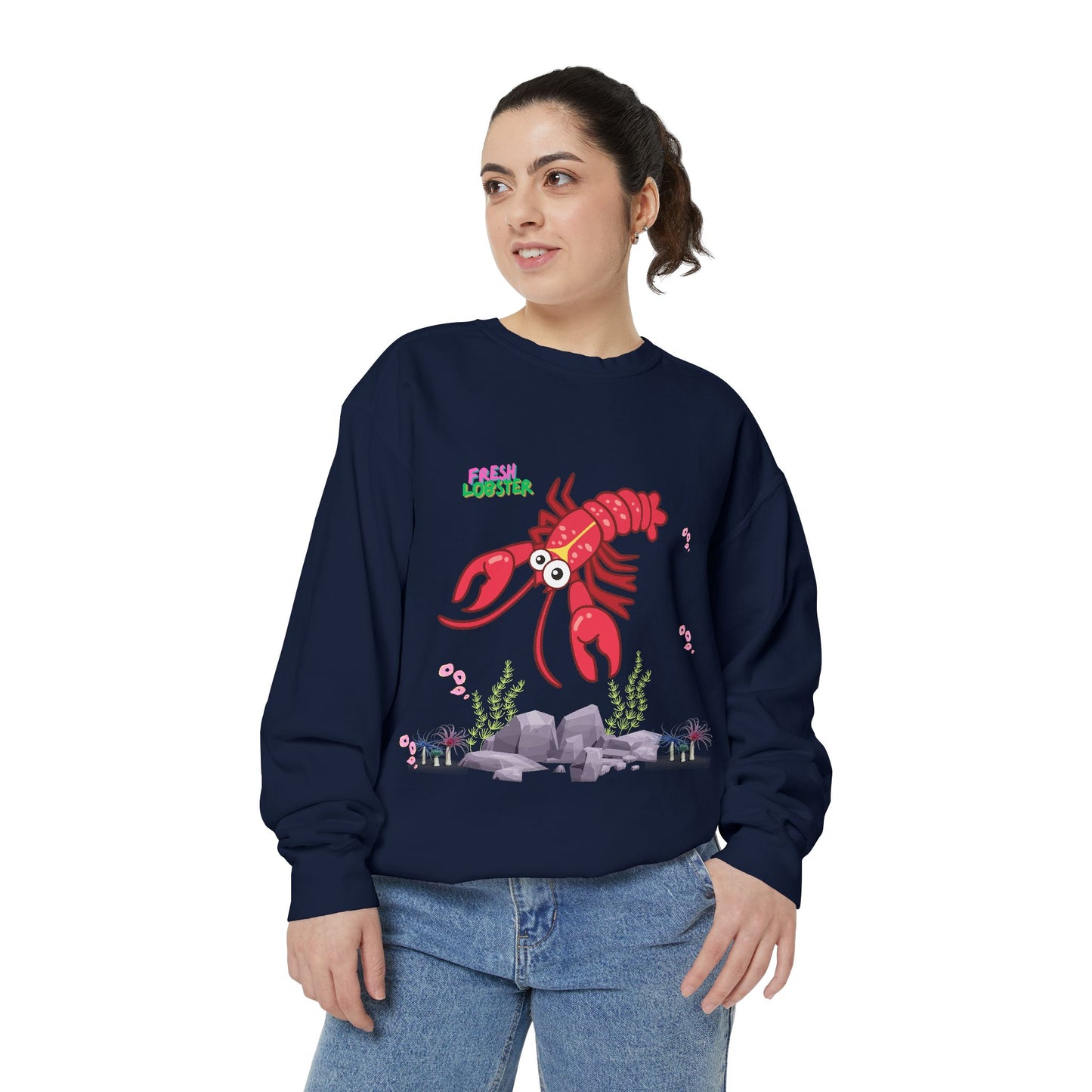 Friendly red lobster big eyes and yellow strip Unisex Garment-Dyed Sweatshirt