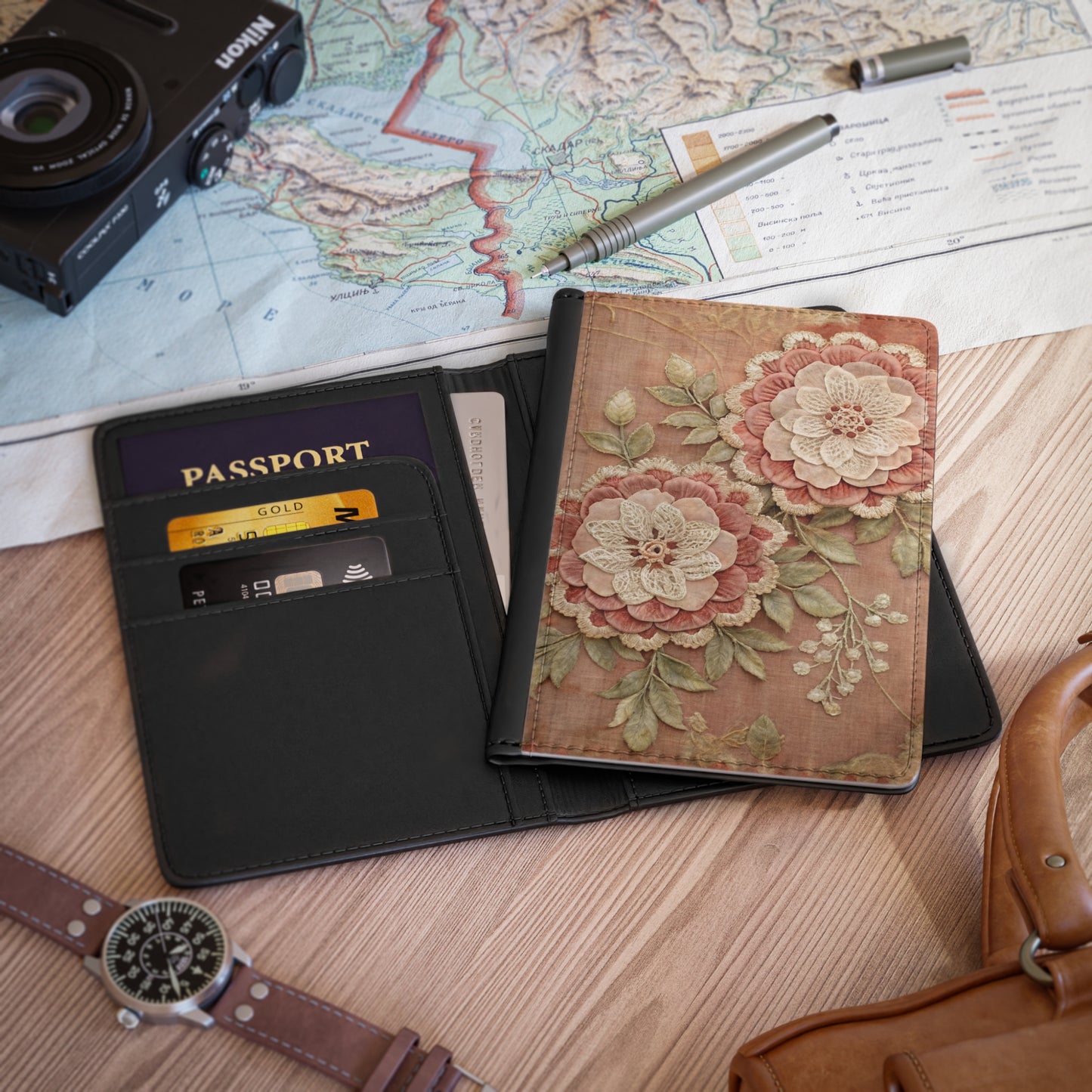 Floral Embroidered Passport Cover — Vintage Pink Travel Wallet