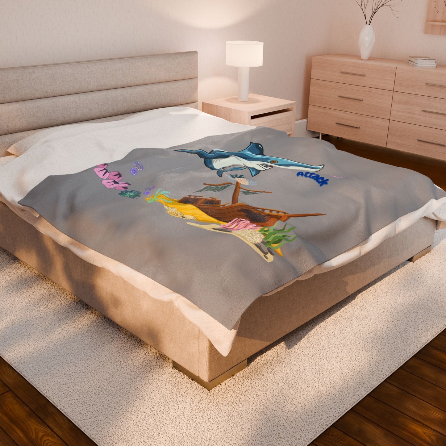 Shark ship colorful coral reef Velveteen Plush Blanket