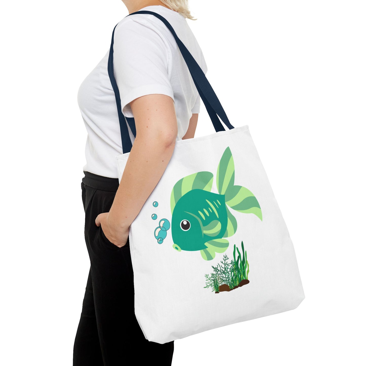 Green fish with bubbles and aquatic plants Tote Bag