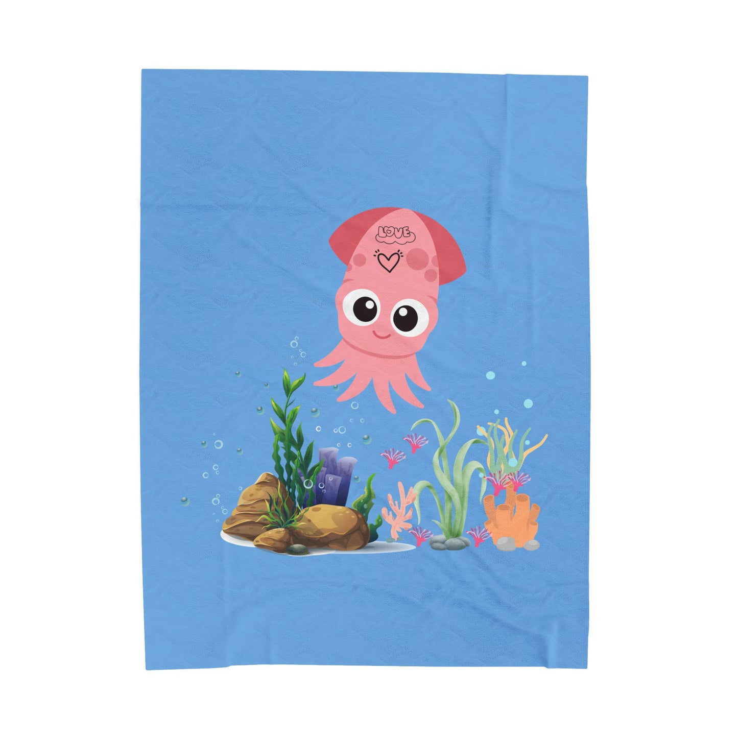 Pink squid cartoon with love Velveteen Plush Blanket