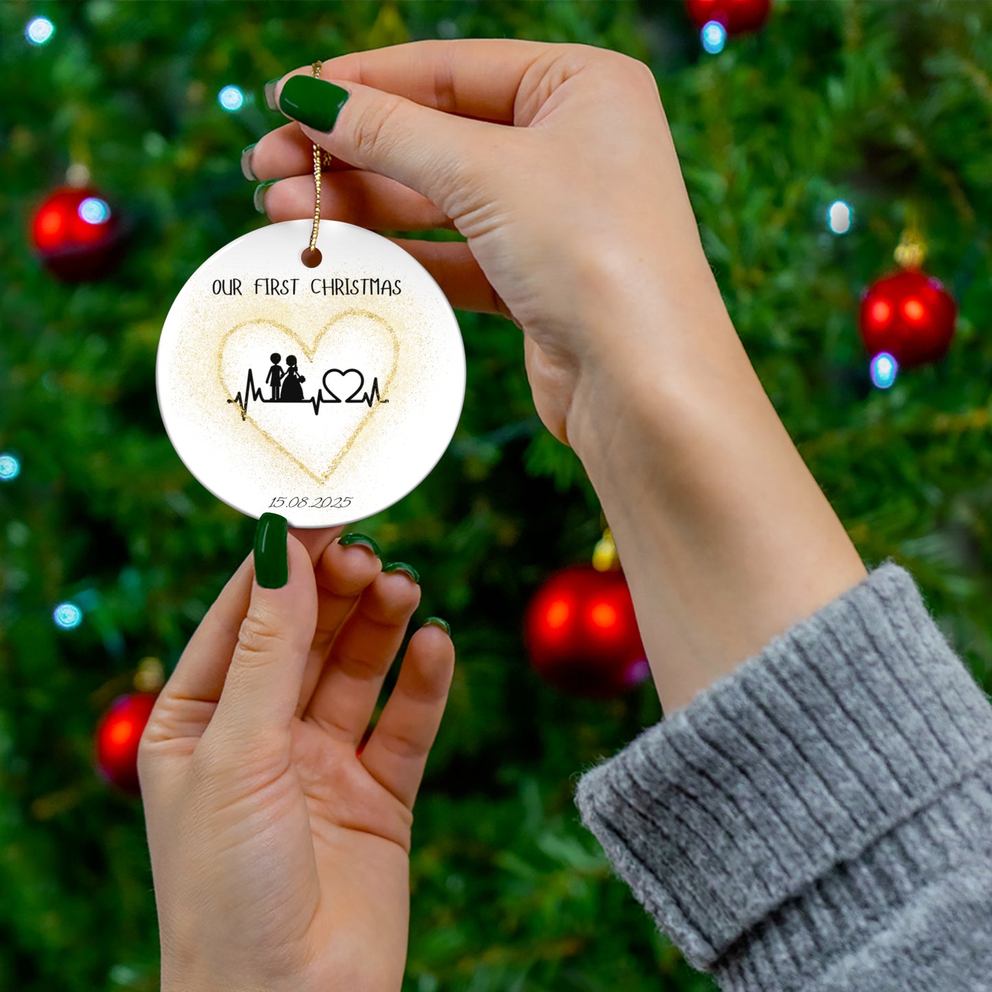 Personalized First Christmas Ceramic Ornament | Wedding Keepsake, Holiday Decoration, Heart Design, Gift for Couples, Home Decor