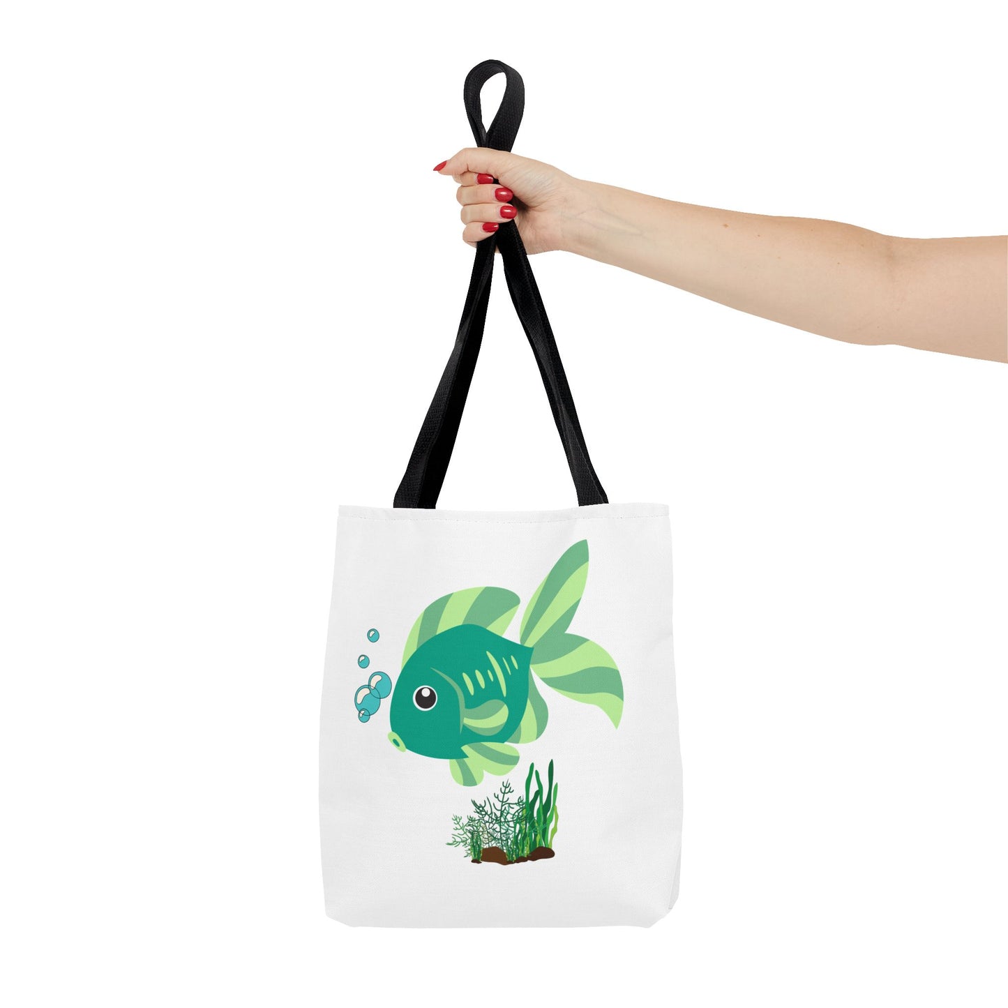 Green fish with bubbles and aquatic plants Tote Bag