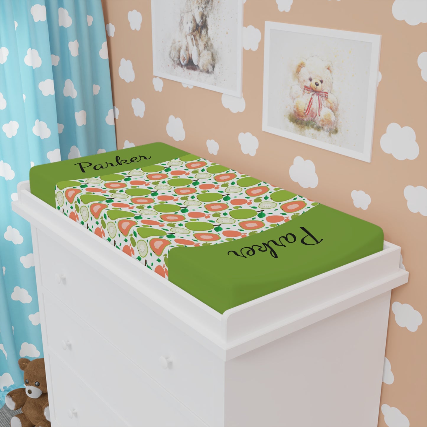 Personalized Baby Changing Pad Cover — Green Avocado Pattern with Name
