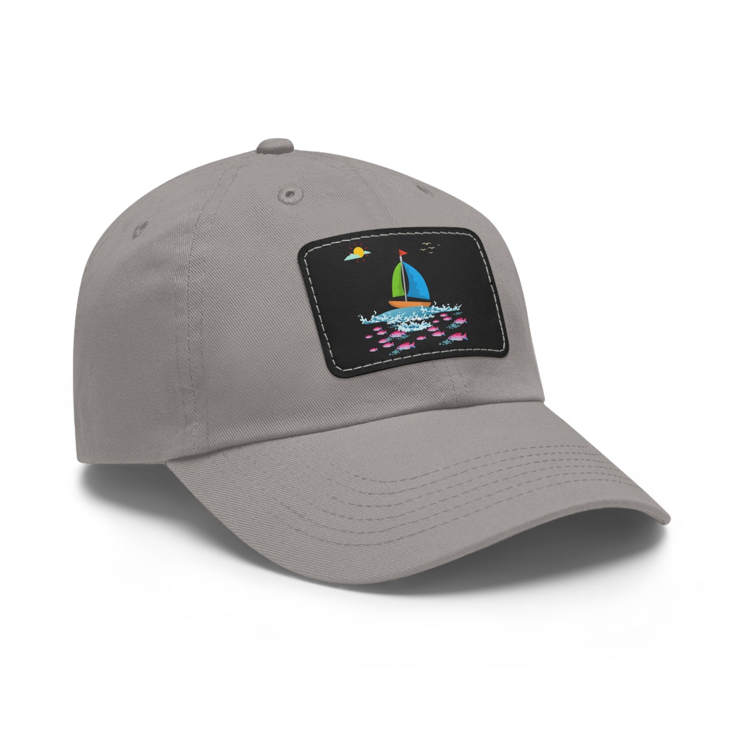 Sailboat and Red fish Dad Hat with Leather Patch (Rectangle)