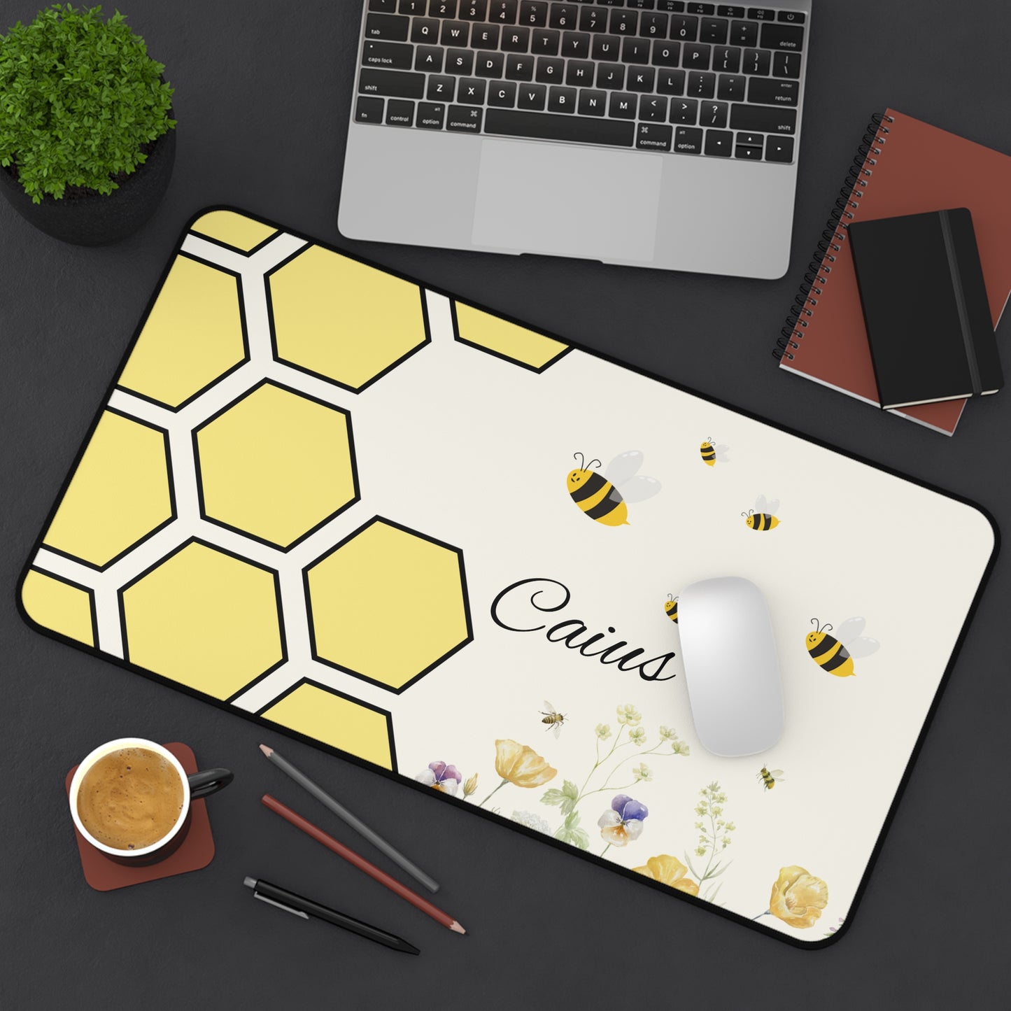 Personalized Honeycomb Desk Mat, Custom Office Decor, Bee Themed Mouse Pad, Cute Gift for Bee Lovers, Yellow Floral Desk Accessory