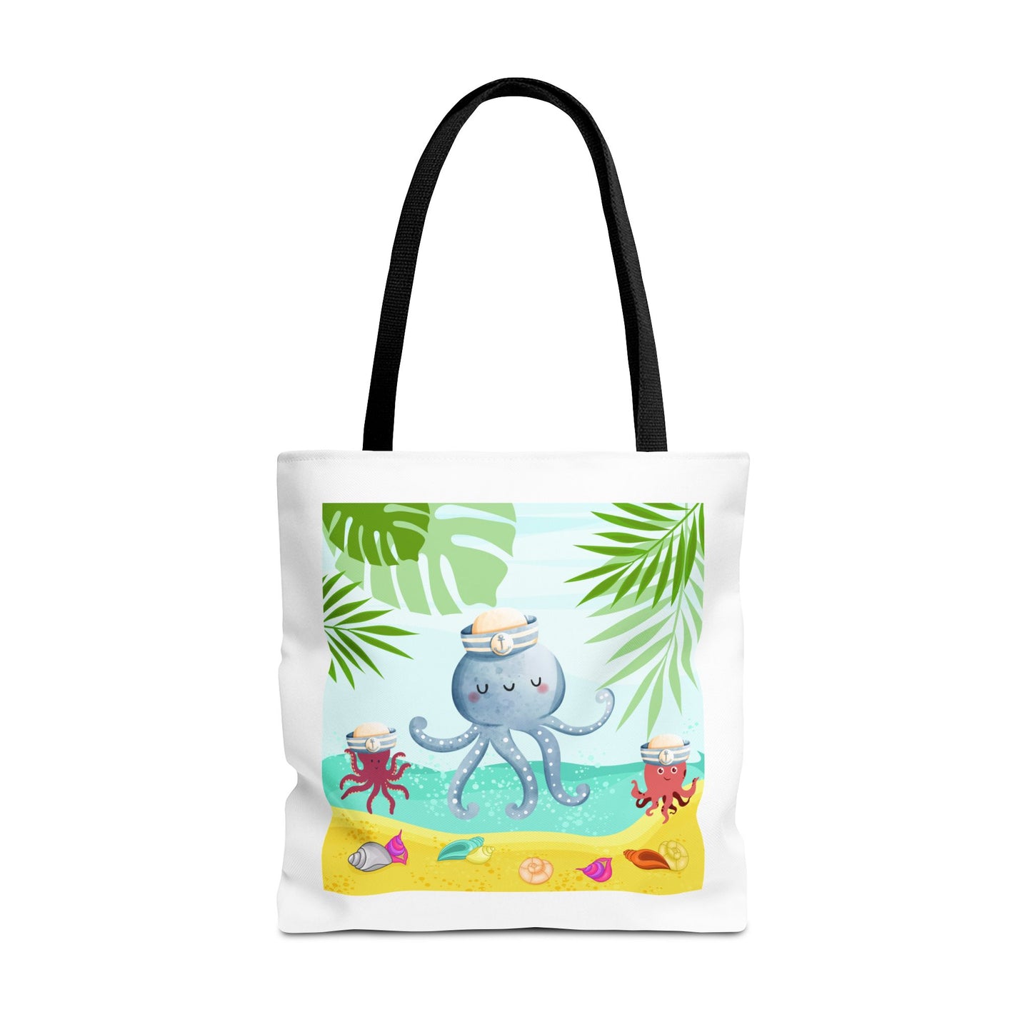 Octopus on a beach scene with tropical Tote Bag
