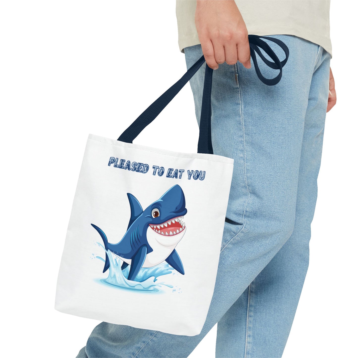 Humorous cartoon shark with threatening text Tote Bag